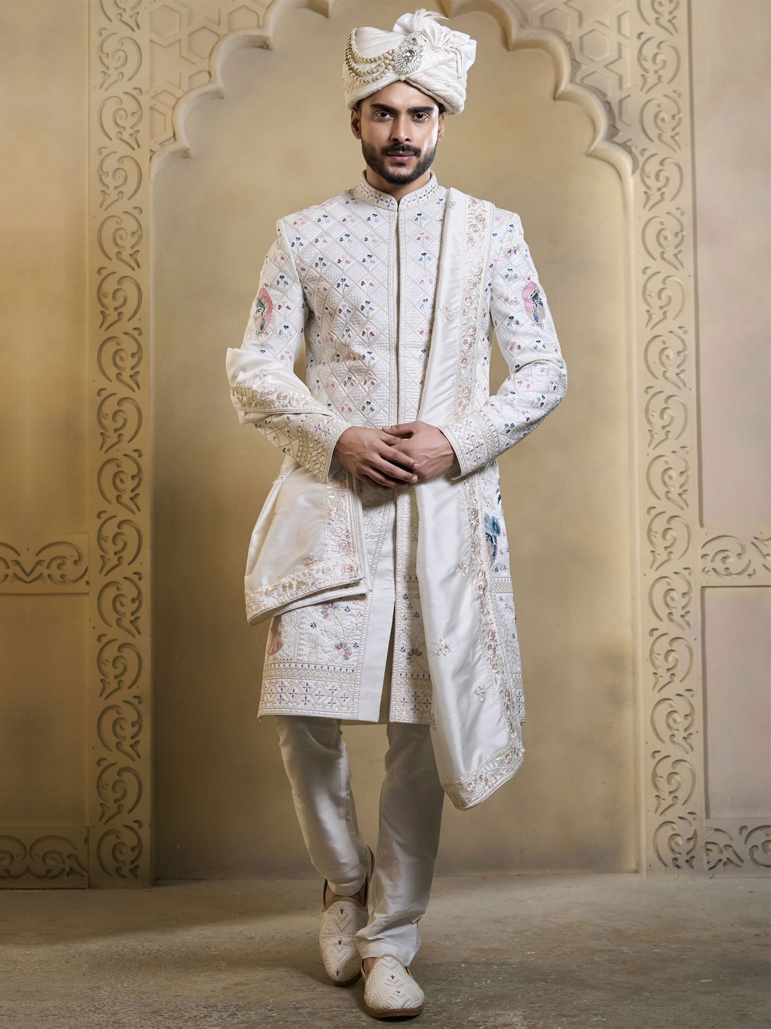White Embroidered Sherwani Set For Grooms