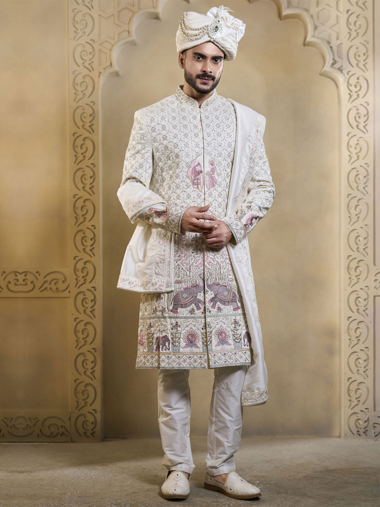 White Groom's Sherwani In Stone Embellishment