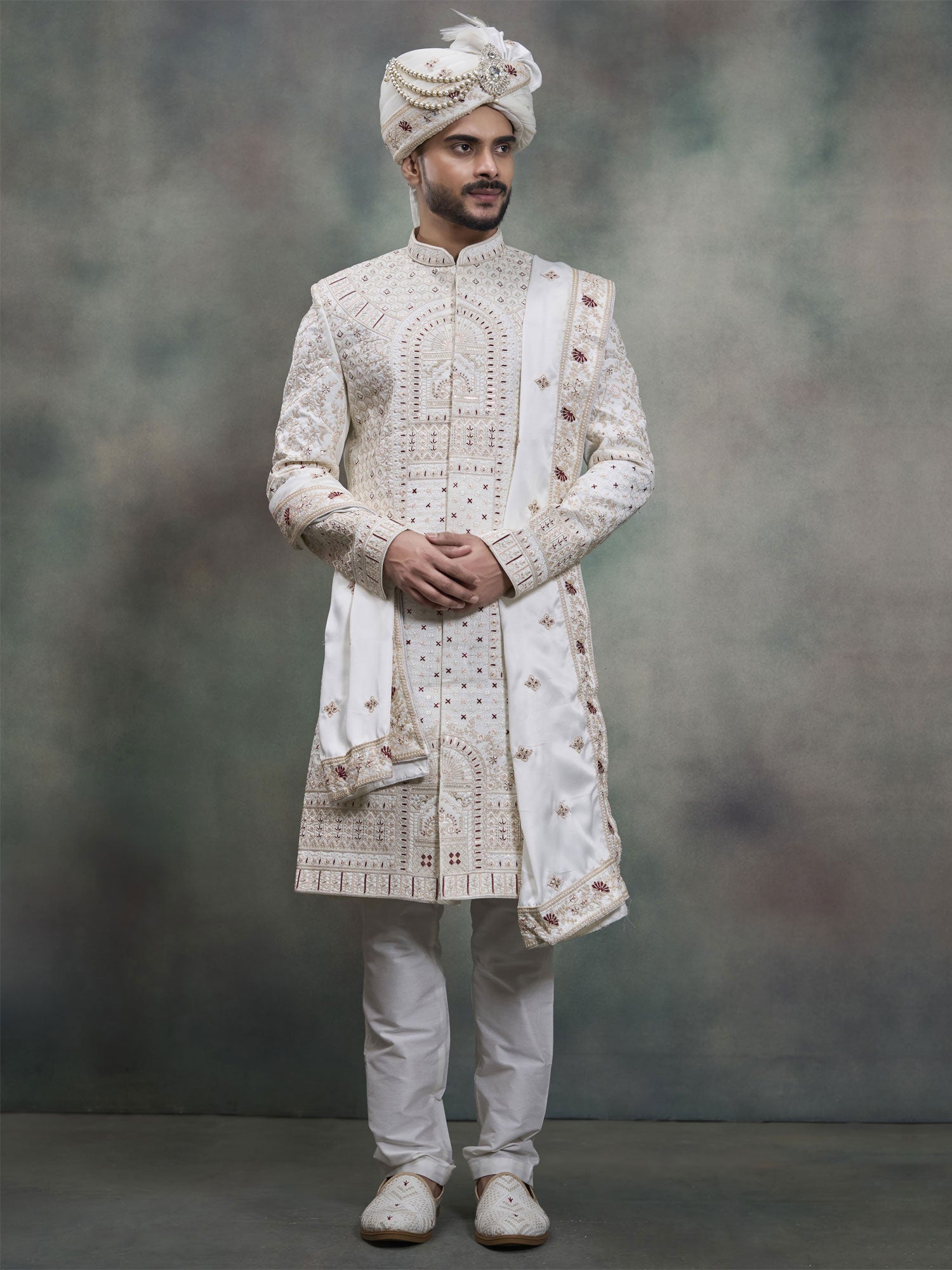 Off White Groom's Wear Sherwani With Stole