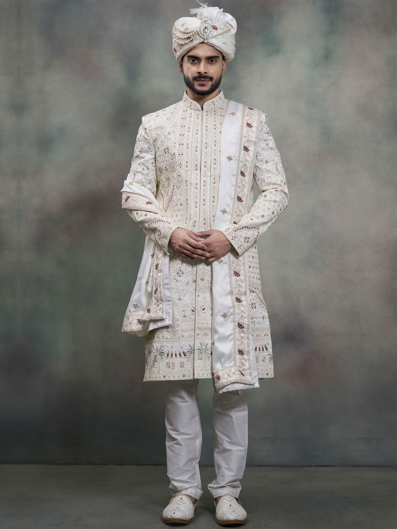 Beige Floral Work Sherwani In Layered Style