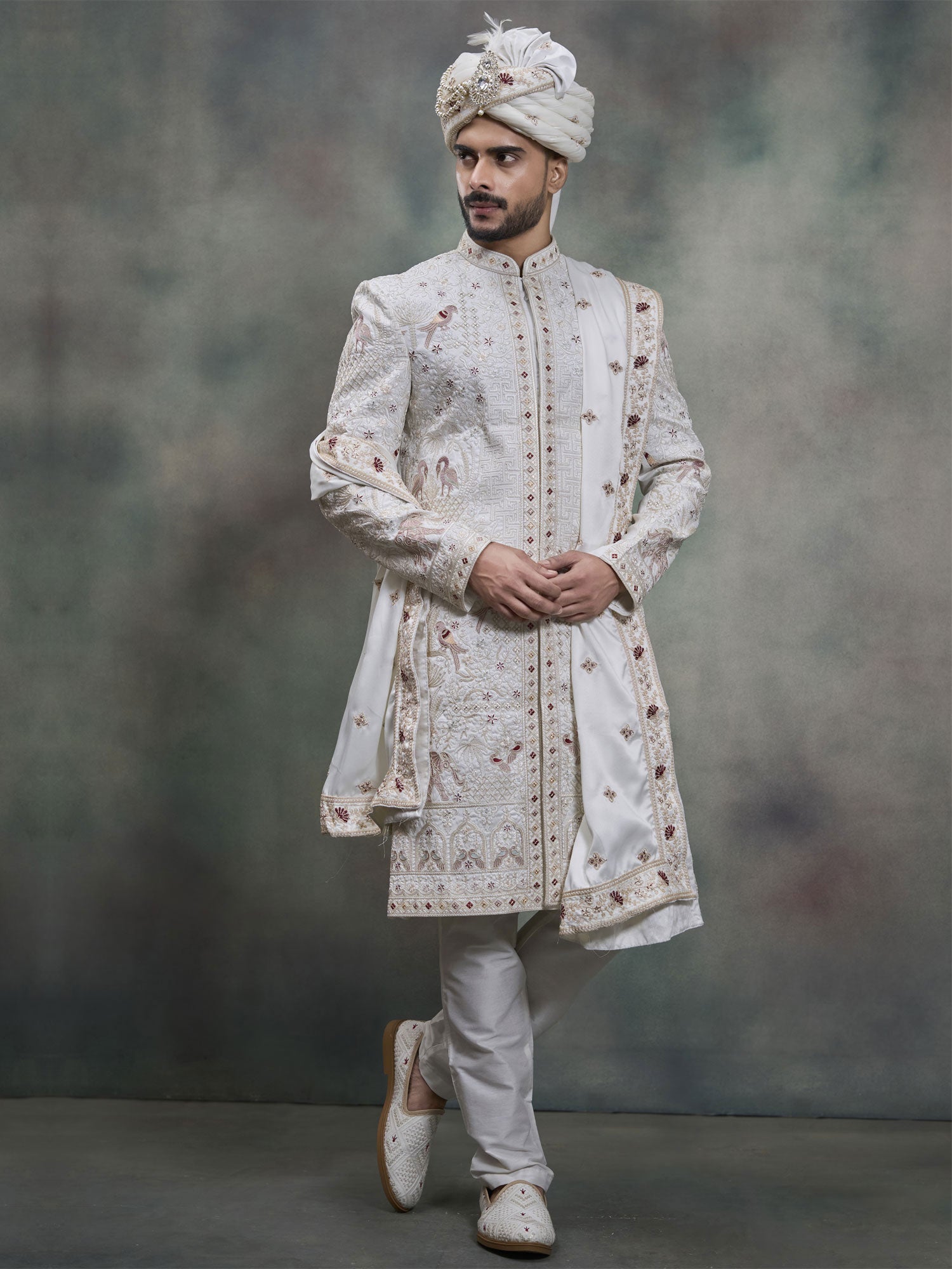 White Heavy Embroidered Groom's Sherwani Set