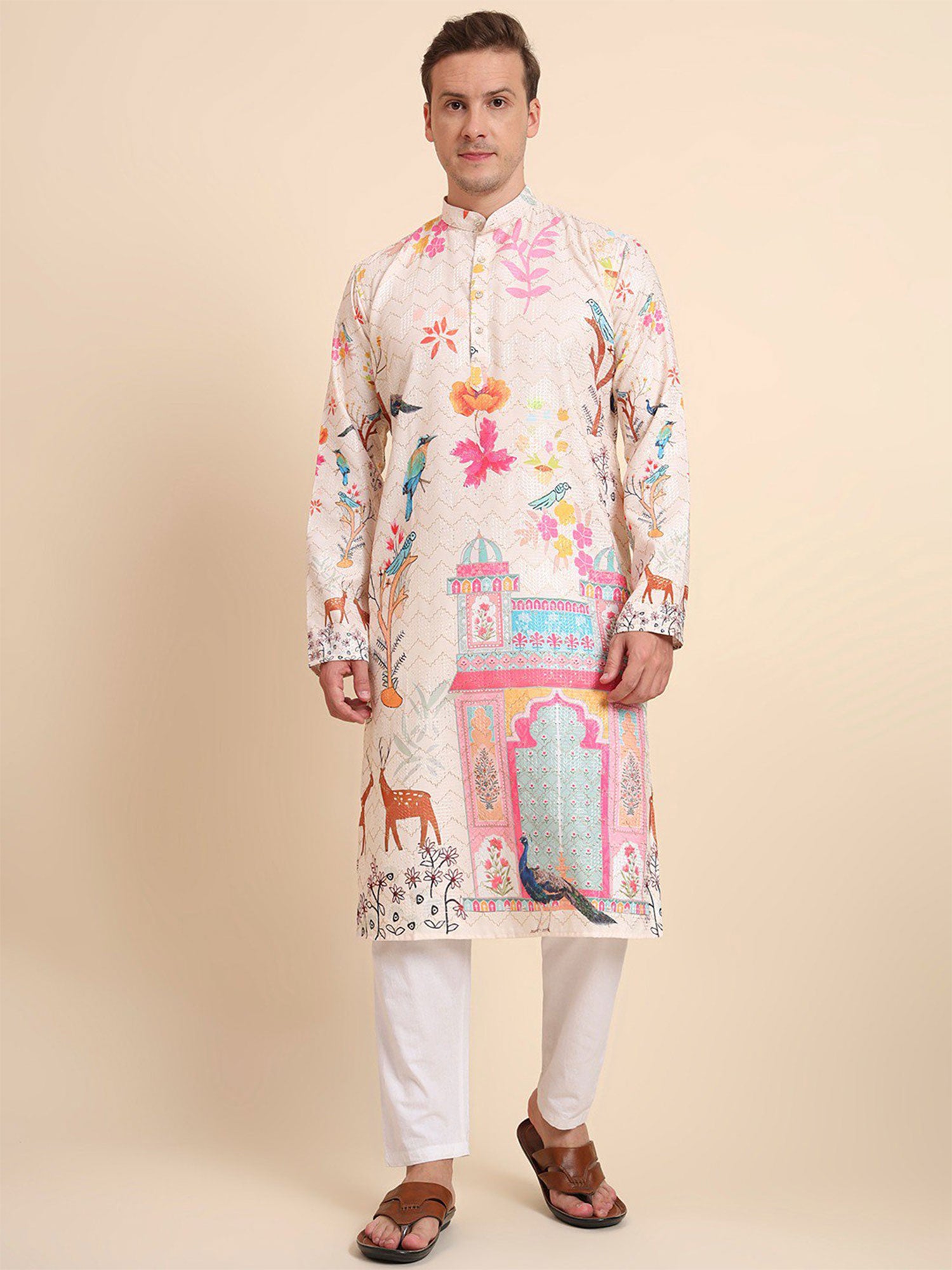 Light Peach Printed Readymade Kurta Pyjama