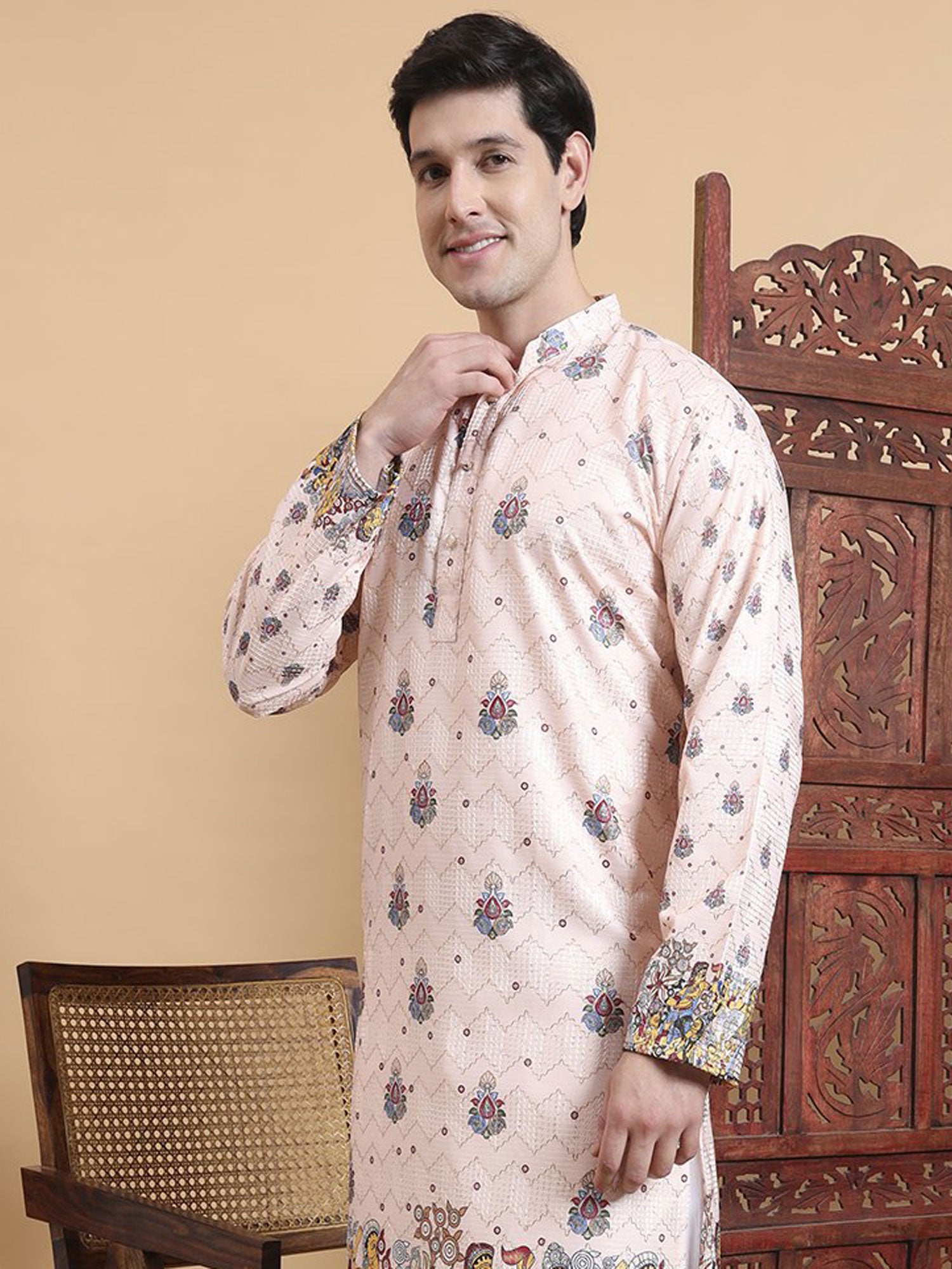 Peach Cotton Kurta Set In Floral Print