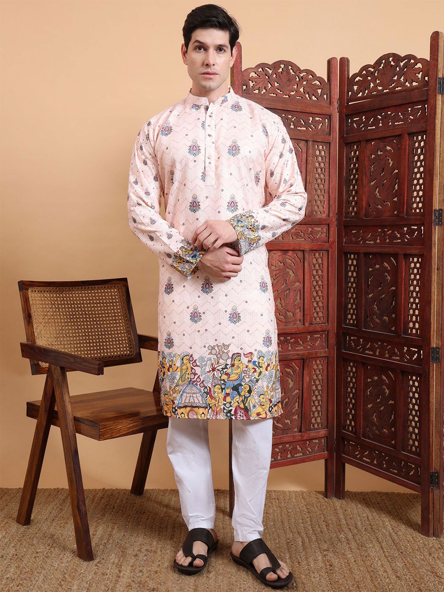 Peach Cotton Kurta Set In Floral Print