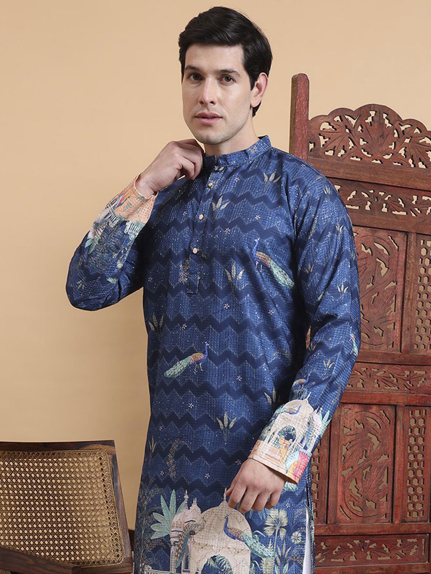Blue Readymade Cotton Kurta Set In Print