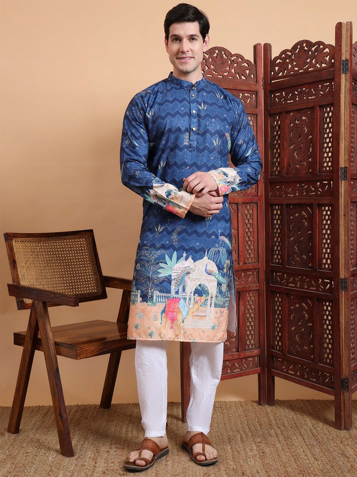 Blue Readymade Cotton Kurta Set In Print