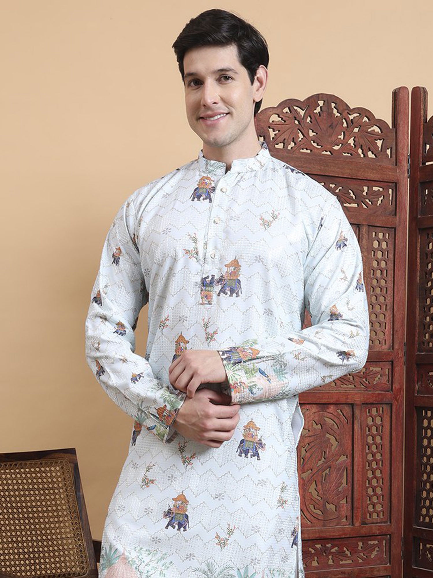 Light Ble Festive Wear Printed Kurta Pyjama