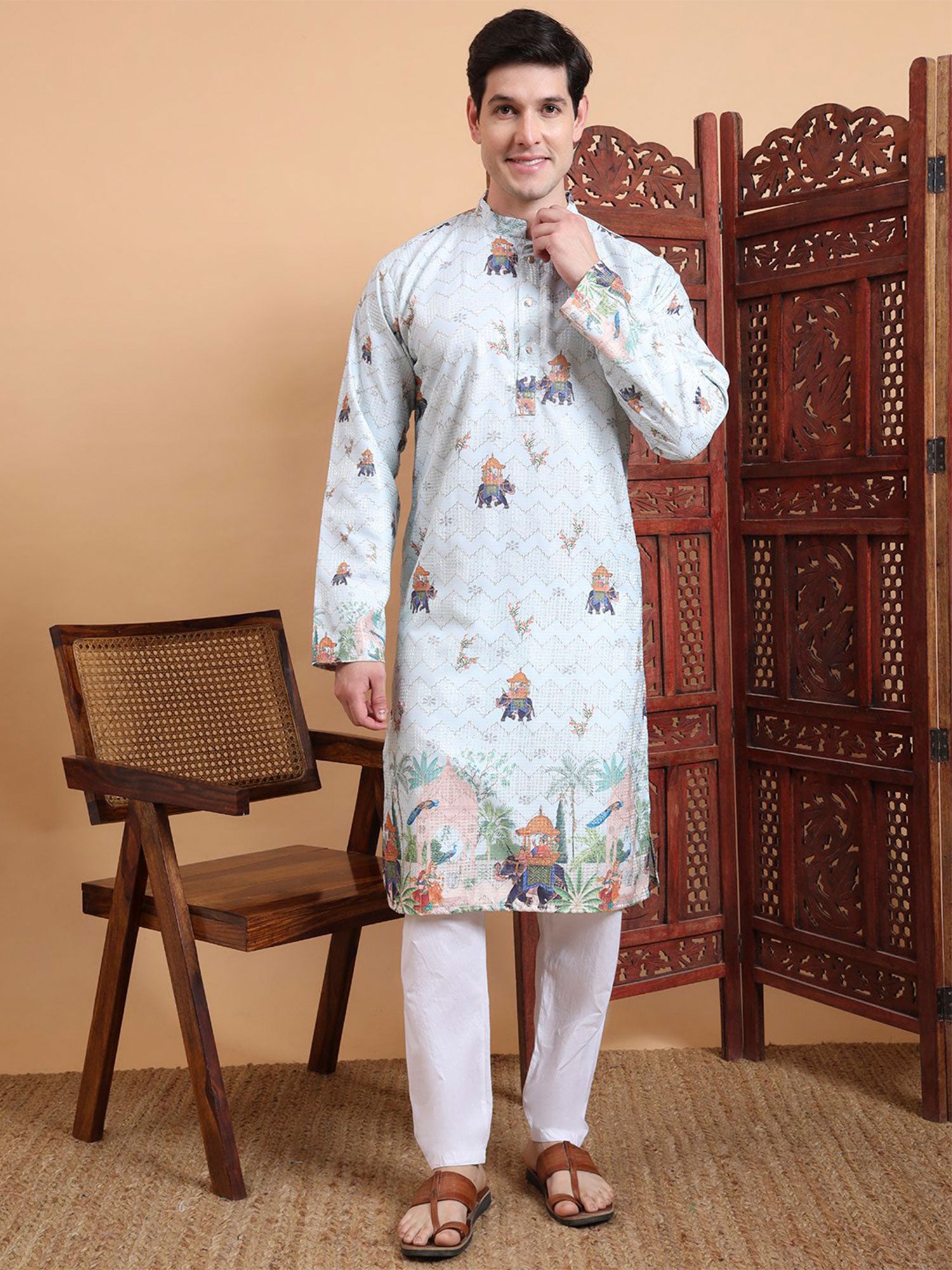 Light Ble Festive Wear Printed Kurta Pyjama