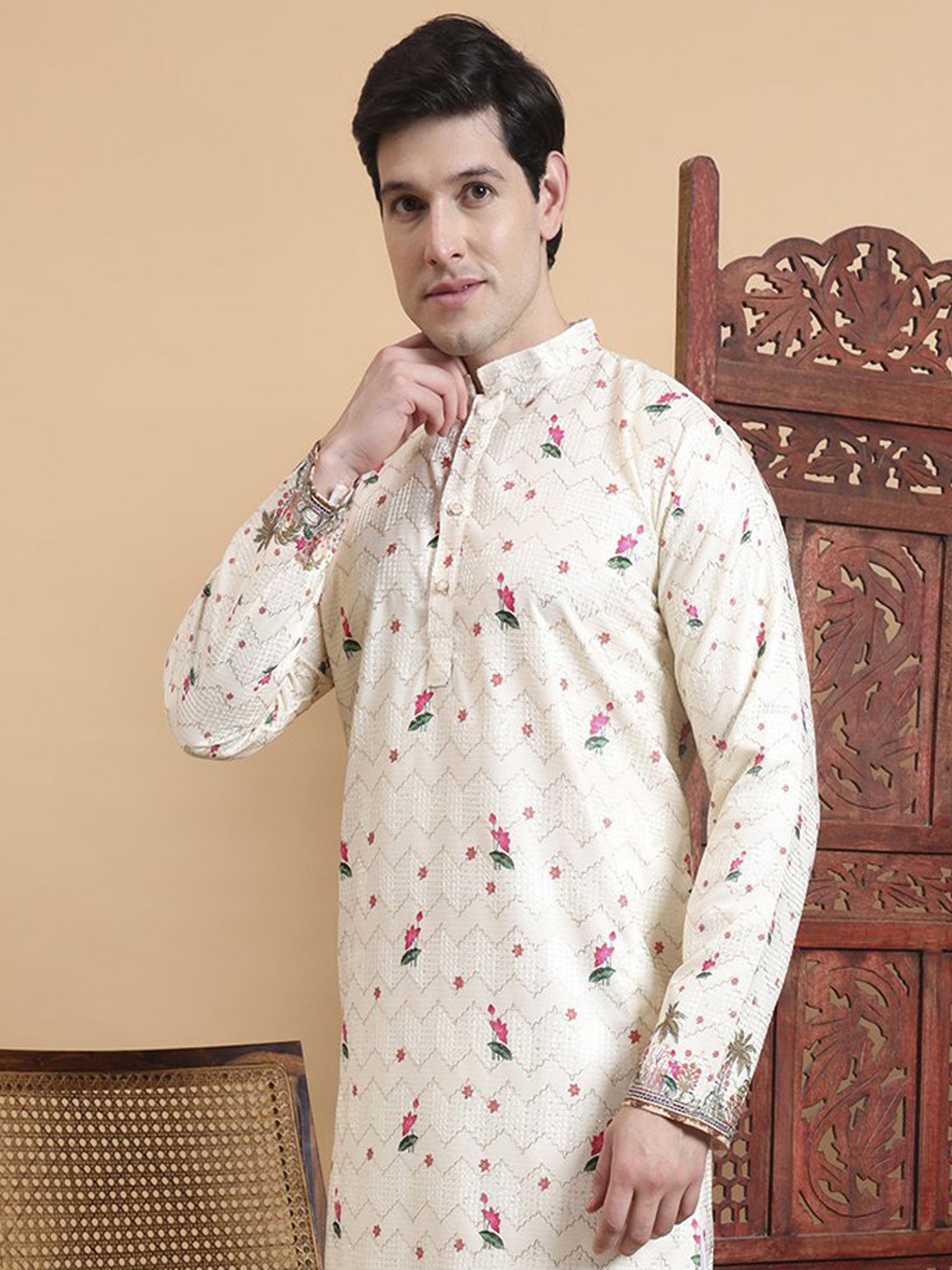 Off White Menswear Cotton Kurta Pyjama Set