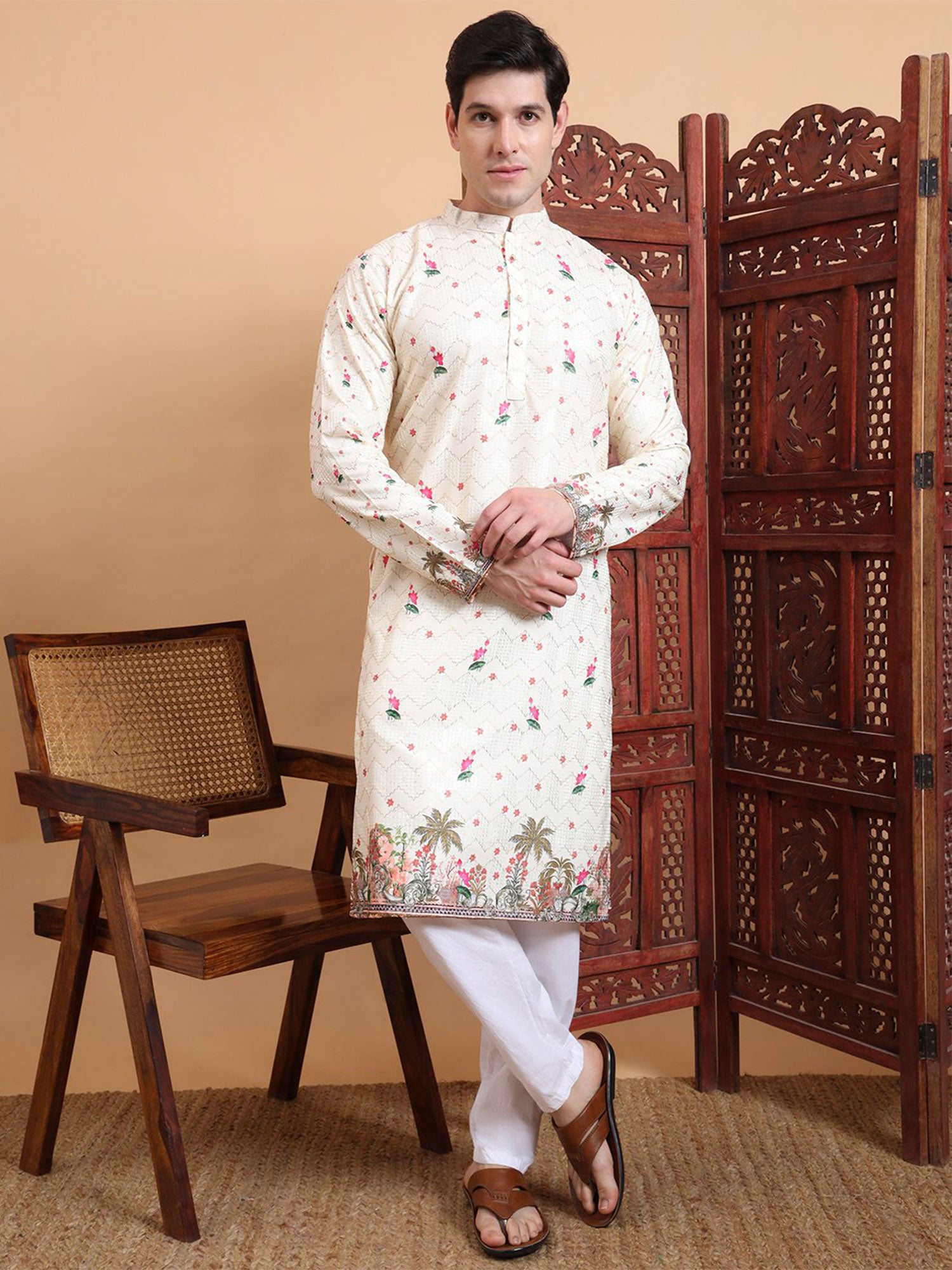 Off White Menswear Cotton Kurta Pyjama Set