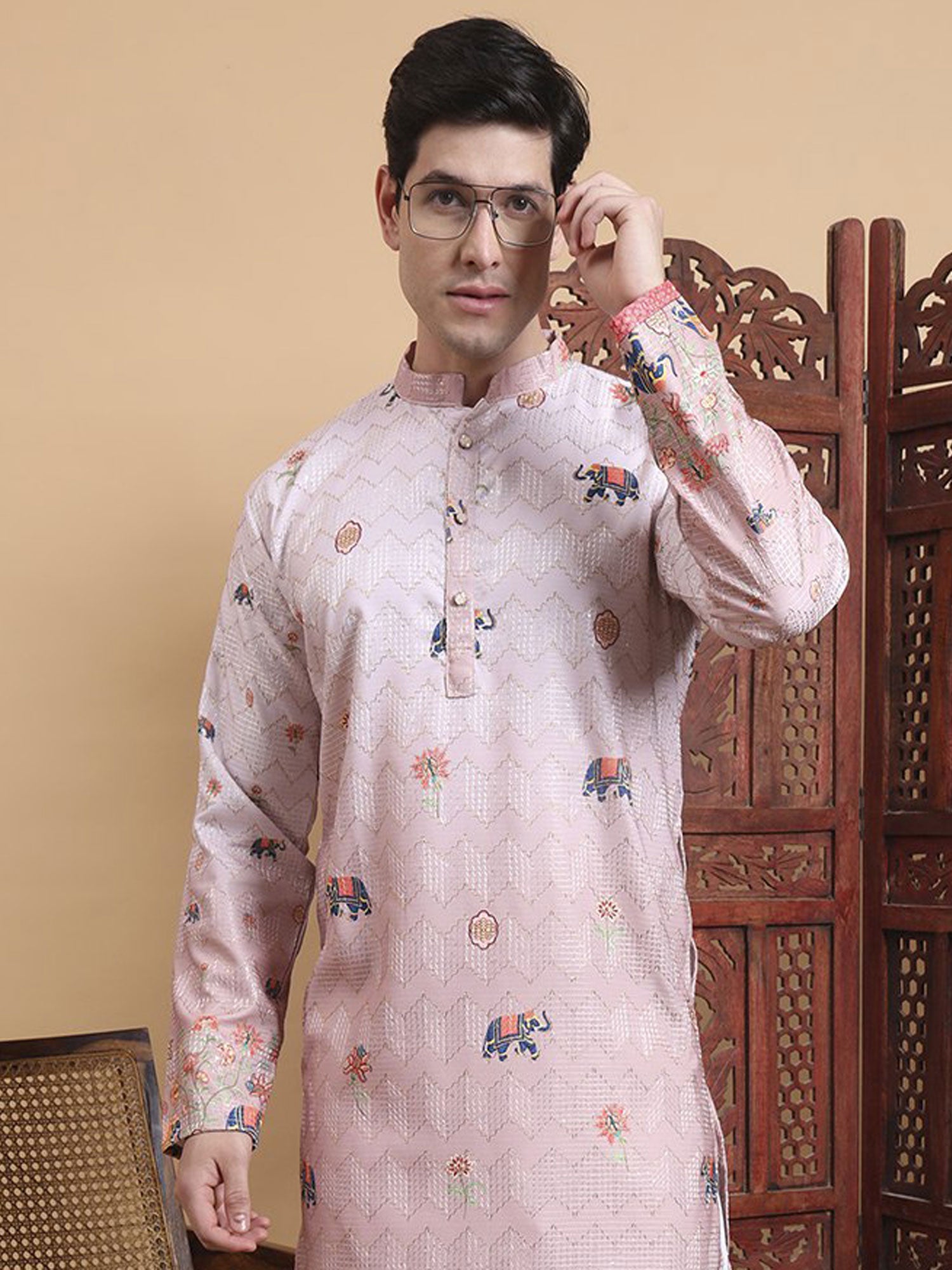 Pink Floral Printed Readymade Kurta Set For Mens