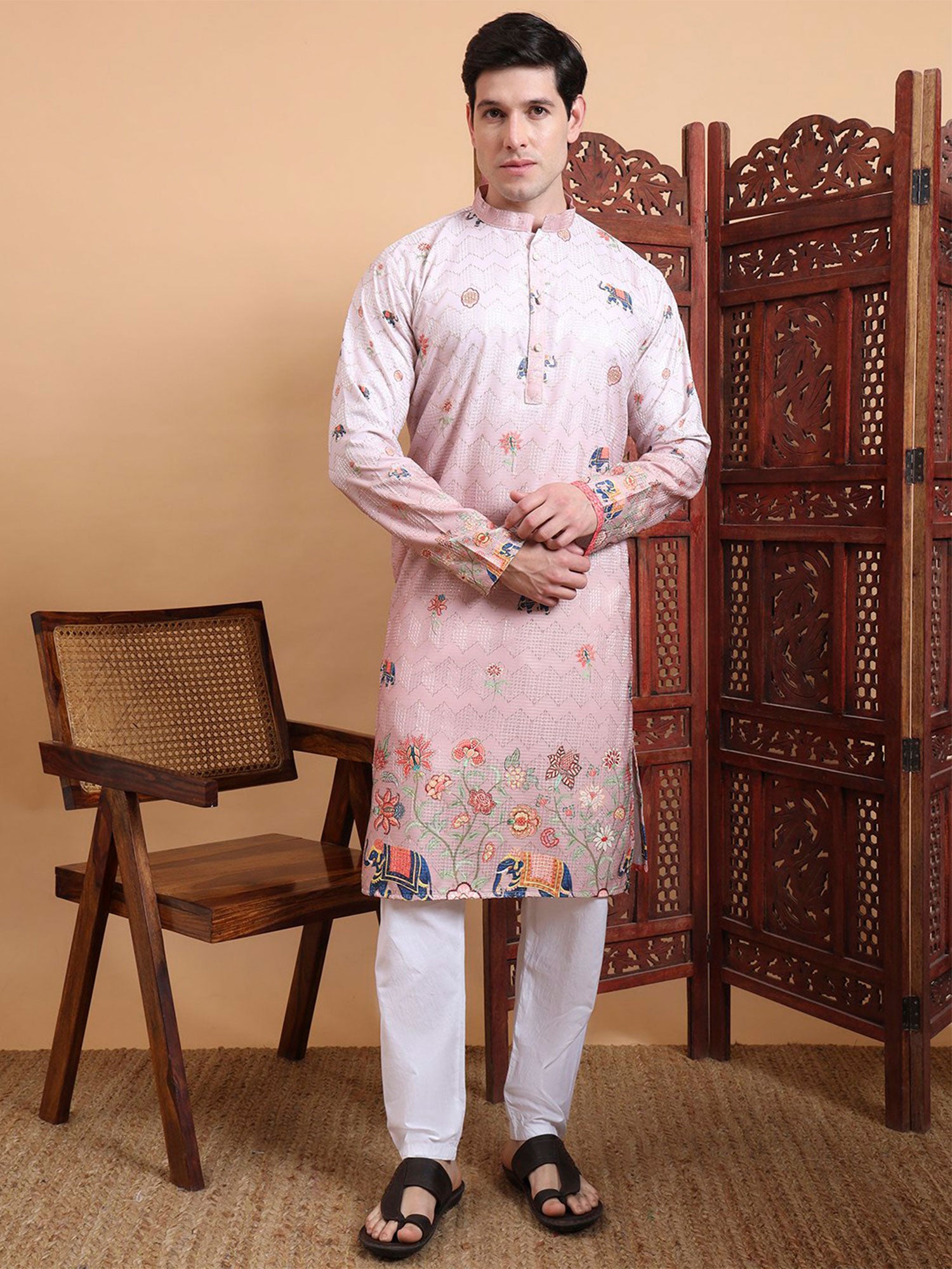 Pink Floral Printed Readymade Kurta Set For Mens