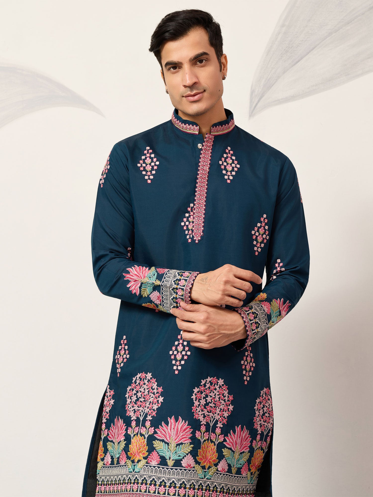 Blue Floral Thread Embroidered Silk Kurta Set