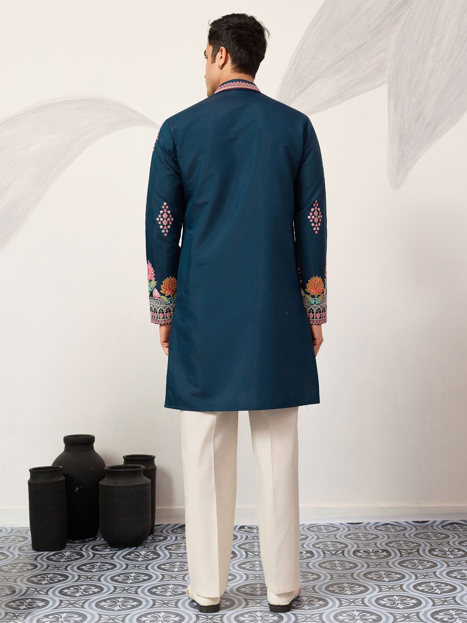 Blue Floral Thread Embroidered Silk Kurta Set