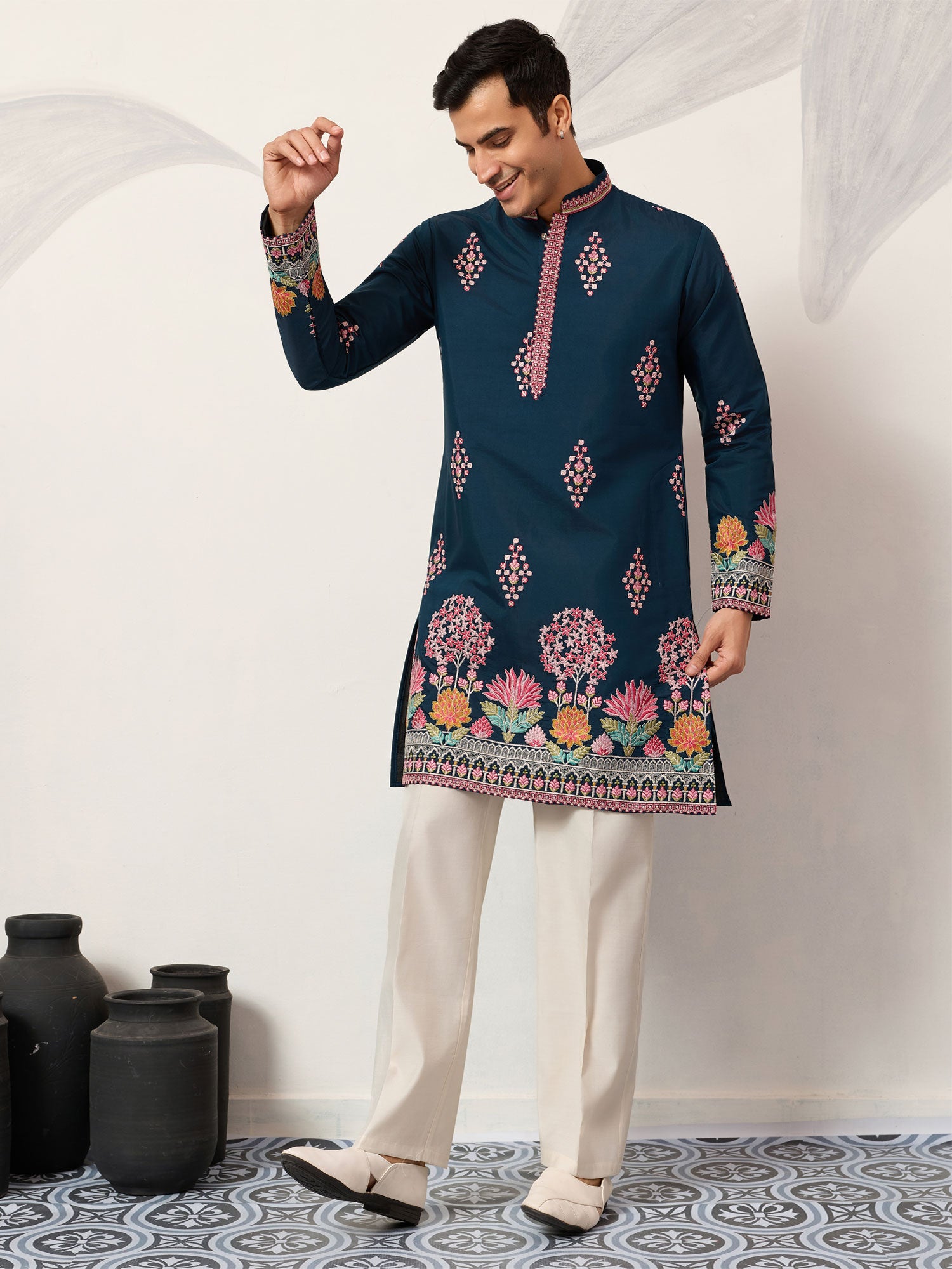 Blue Floral Thread Embroidered Silk Kurta Set