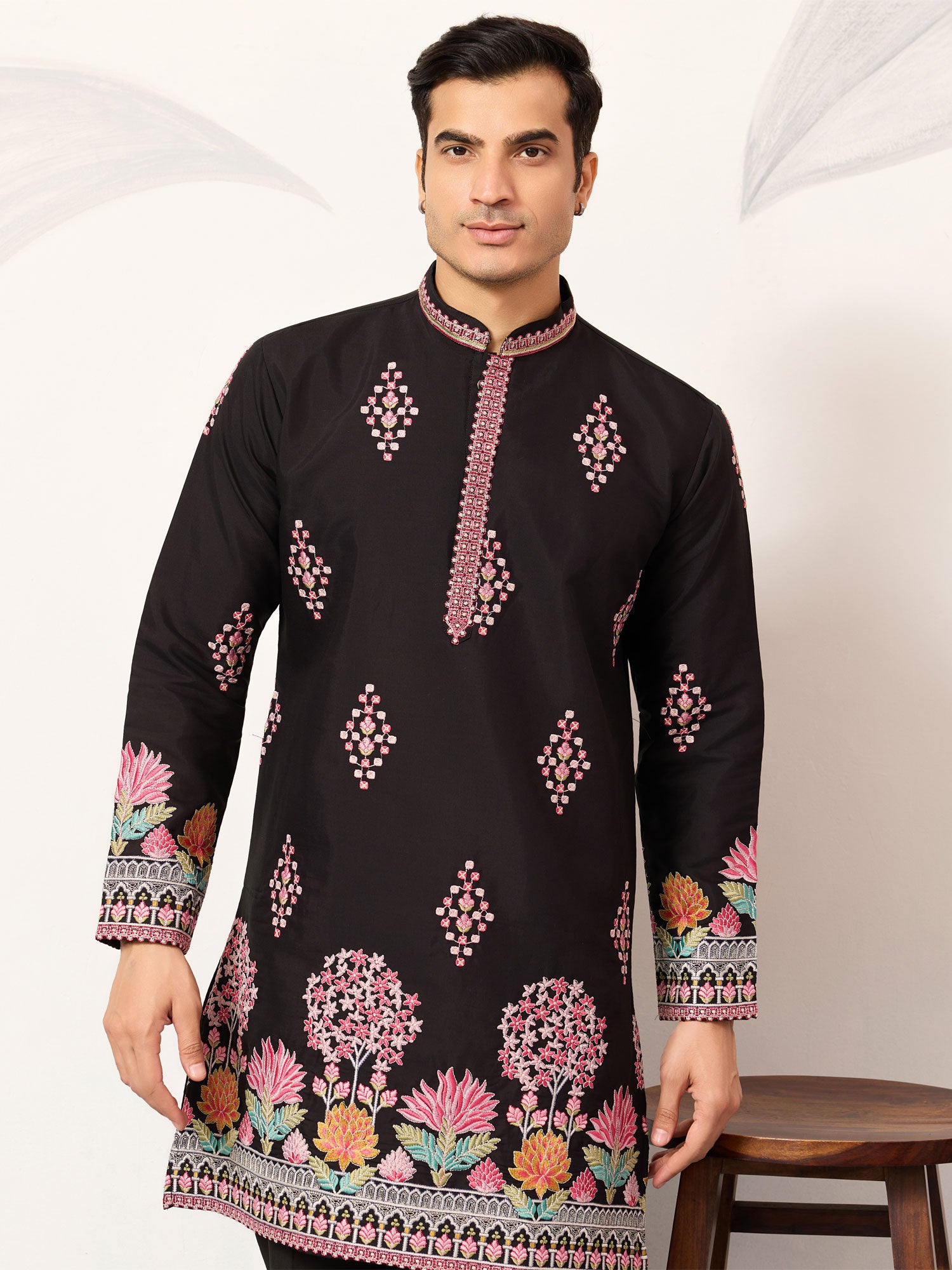 Black Readymade Silk Kurta Set In Floral Embroidery