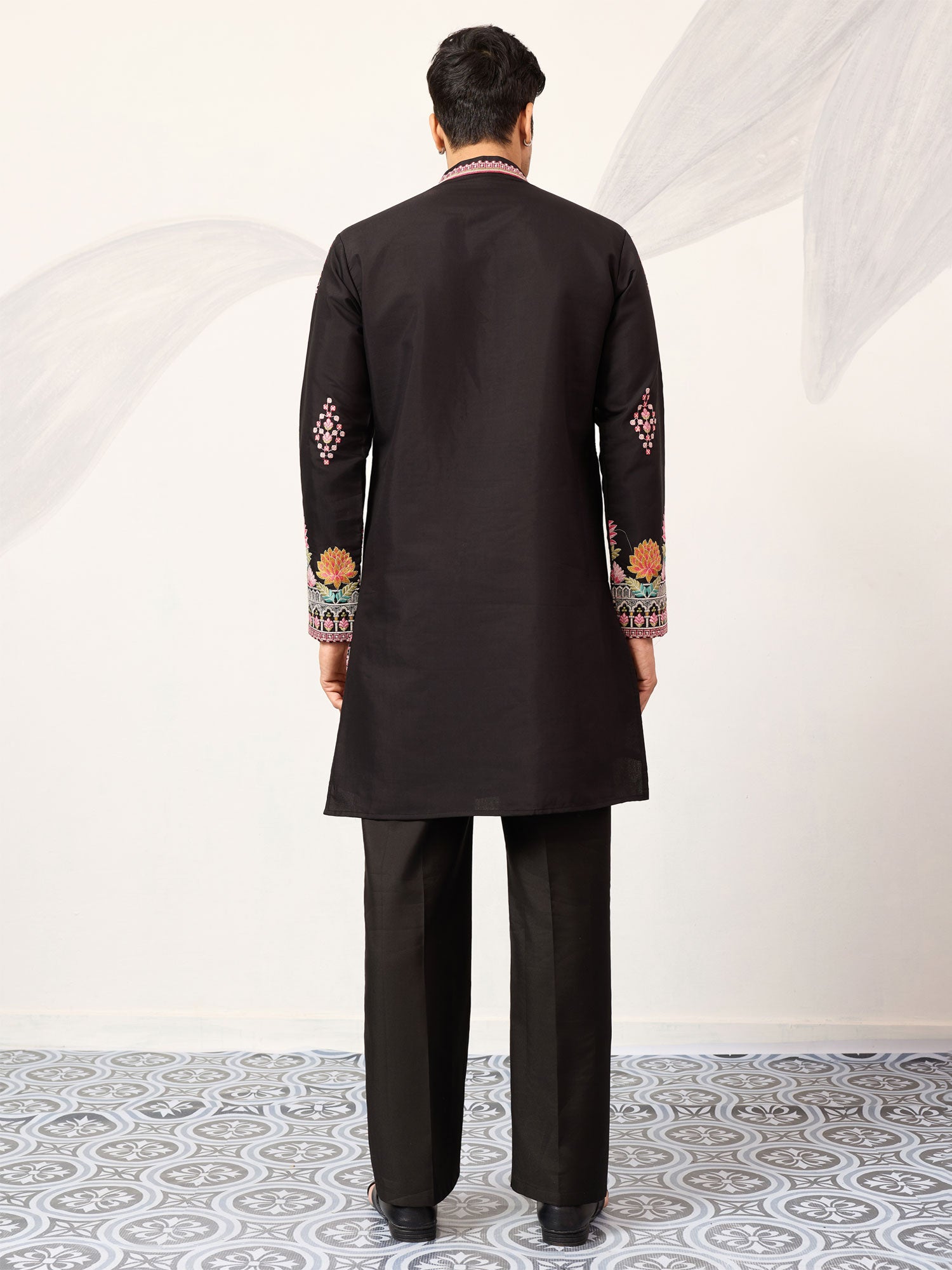 Black Readymade Silk Kurta Set In Floral Embroidery