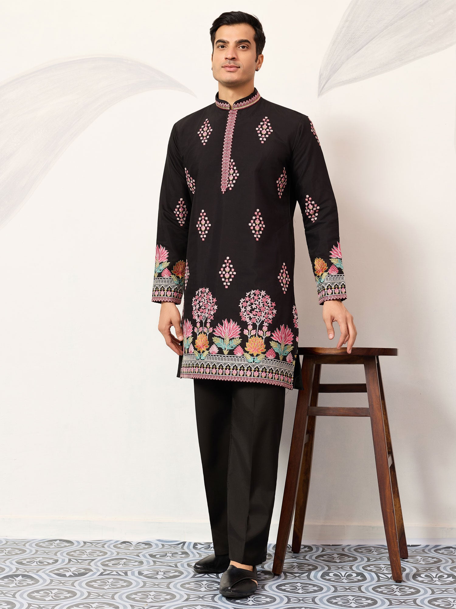 Black Readymade Silk Kurta Set In Floral Embroidery