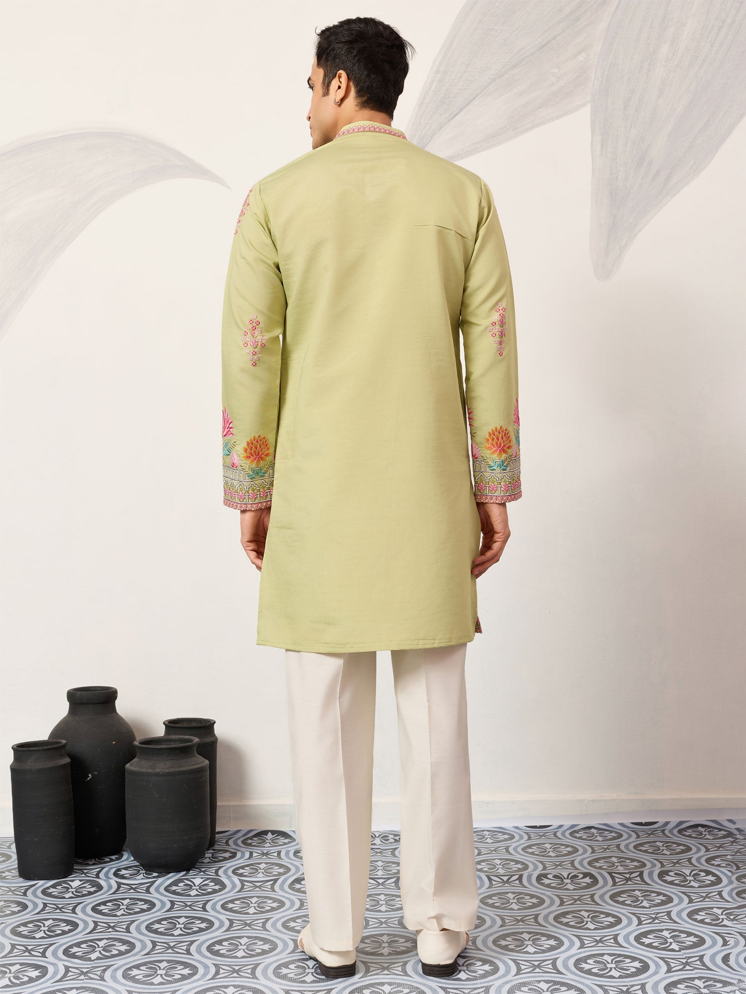 Green Festive Wear Readymade Kurta Pyjama