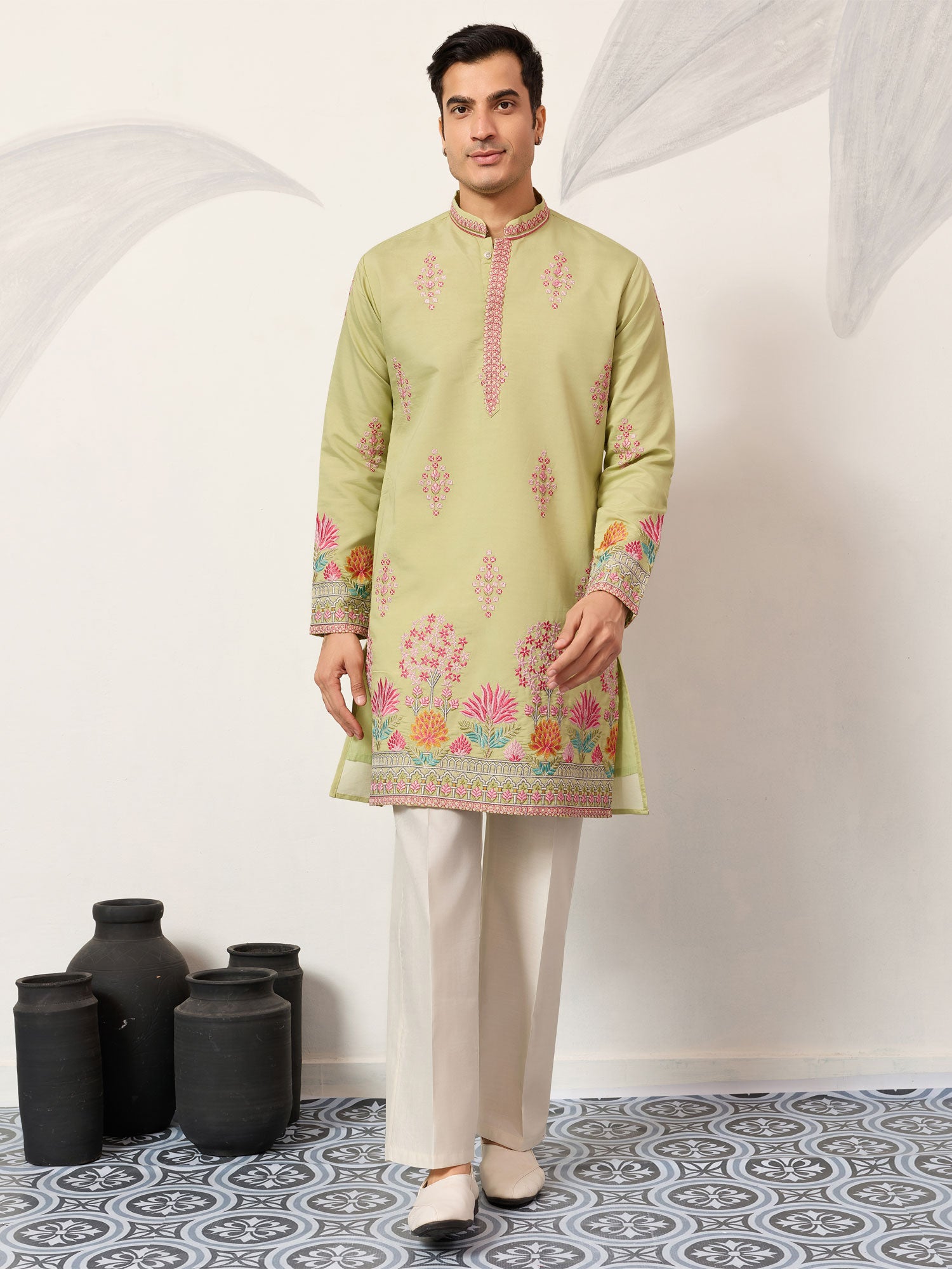 Green Festive Wear Readymade Kurta Pyjama