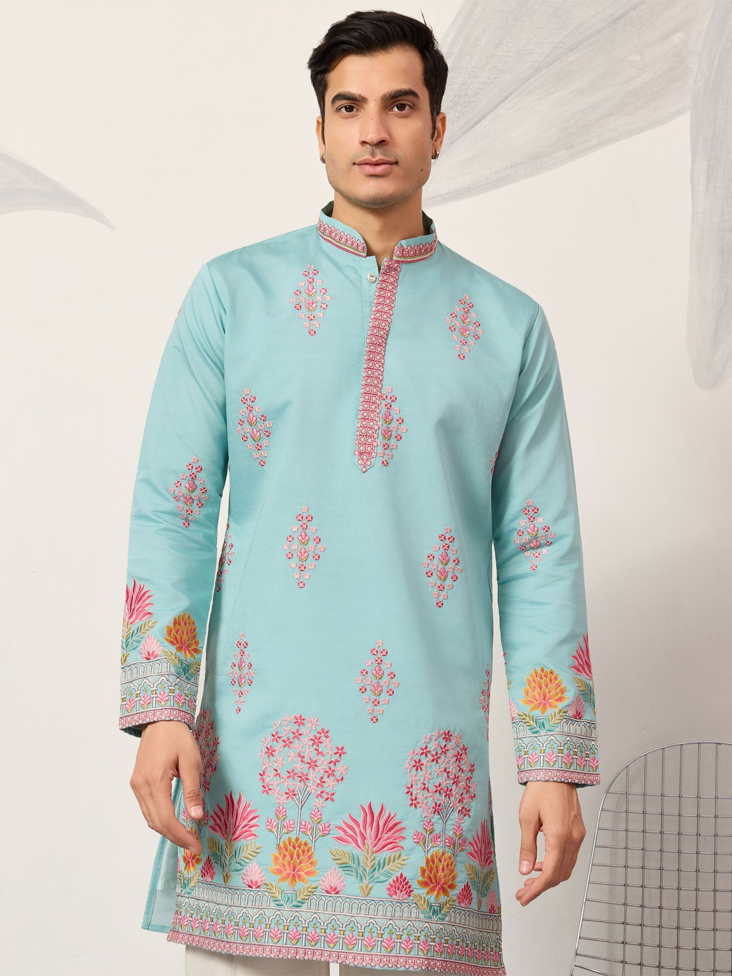 Sky Blue Embroidered Kurta Set In Silk