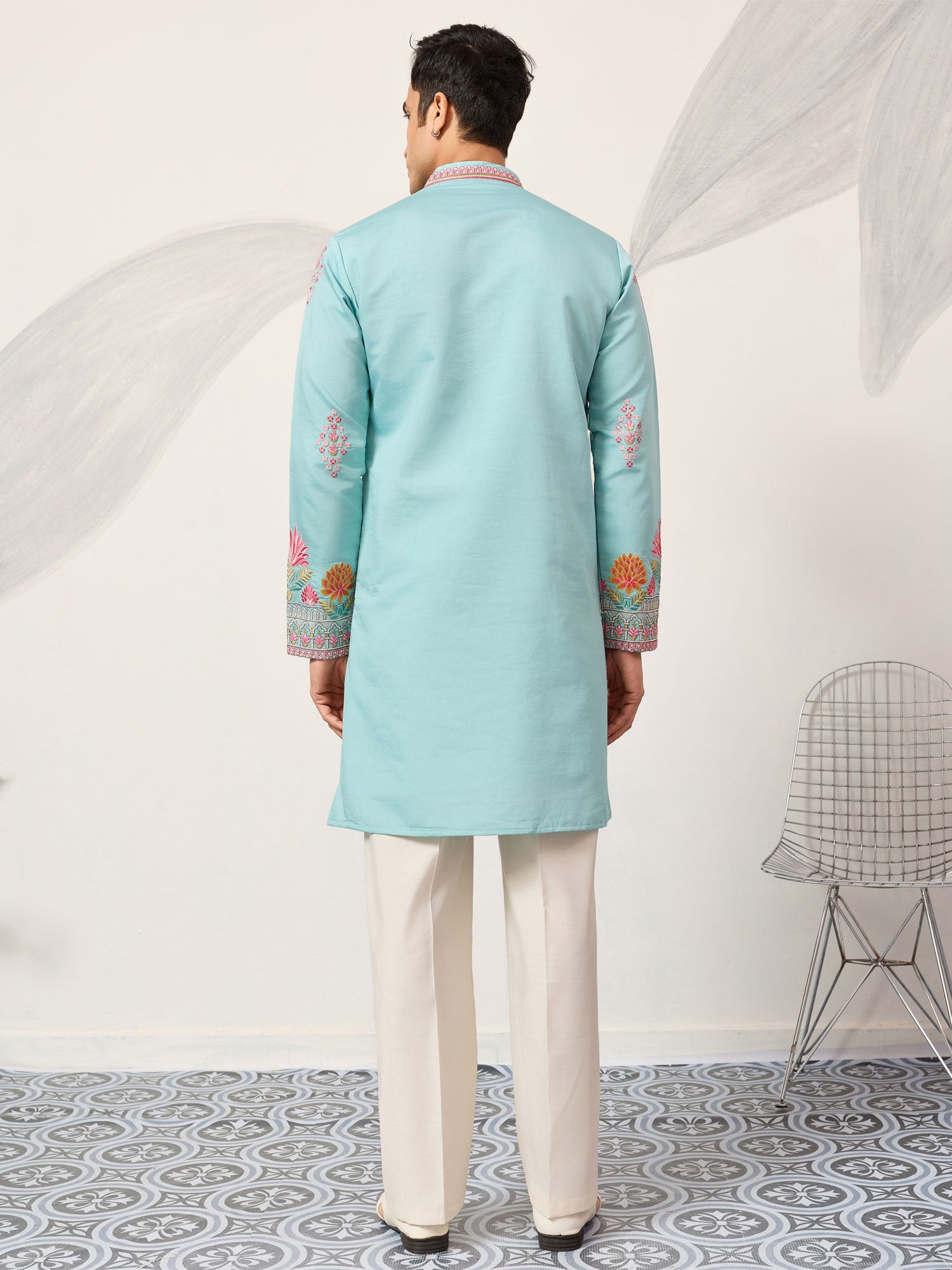 Sky Blue Embroidered Kurta Set In Silk