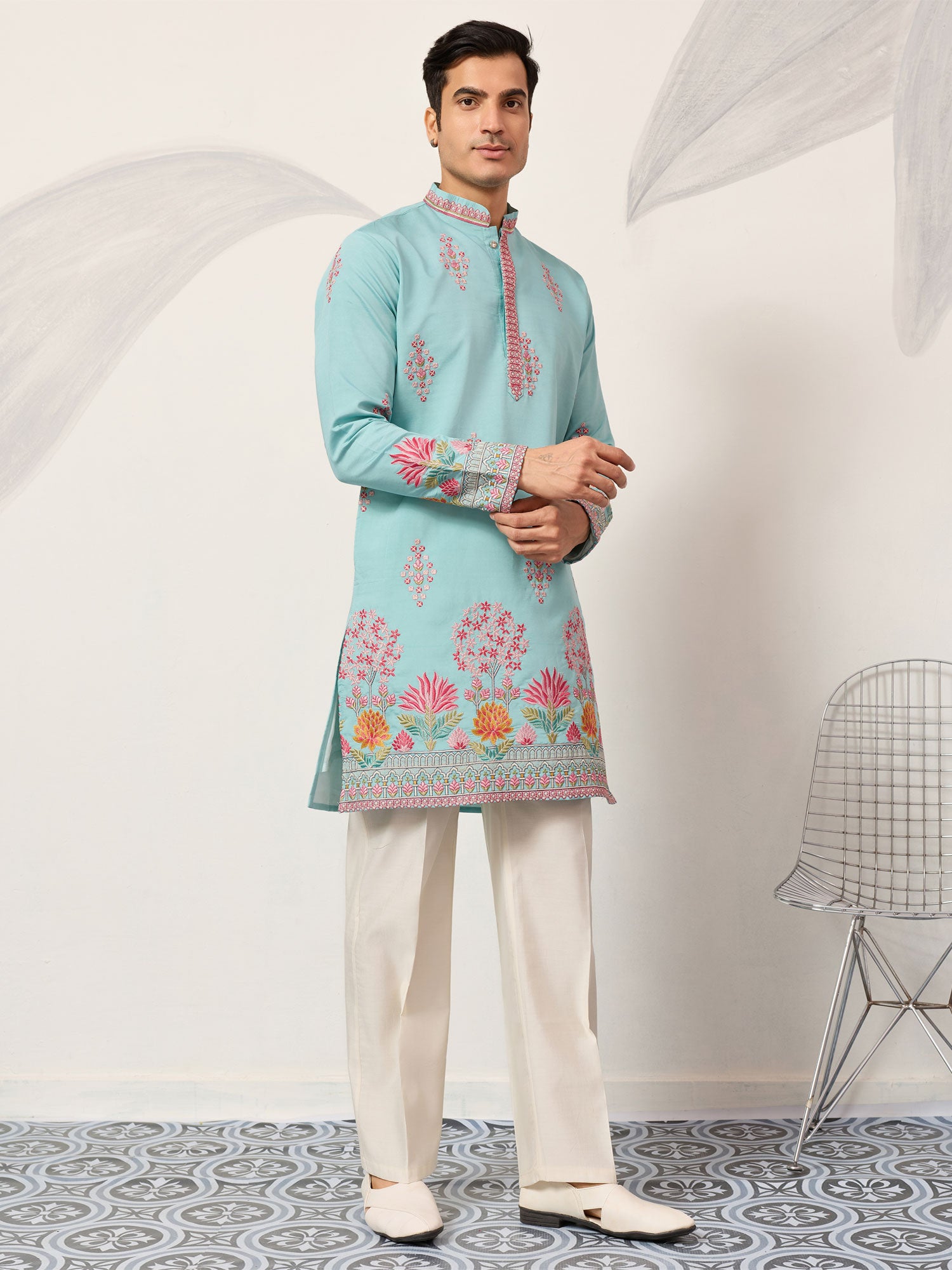 Sky Blue Embroidered Kurta Set In Silk