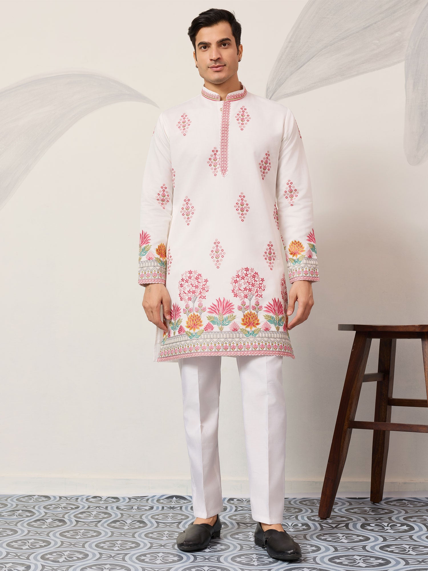 White Viscose Silk Kurta Pyjama For Mens