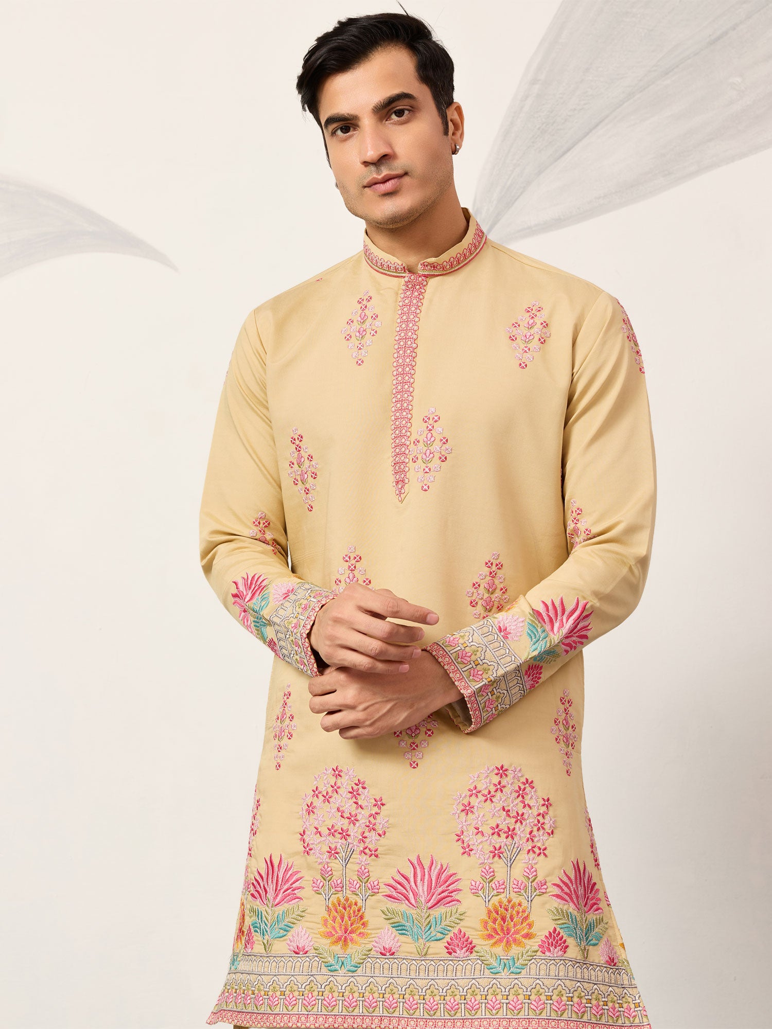 Cream Menswear Readymade Silk Kurta Set