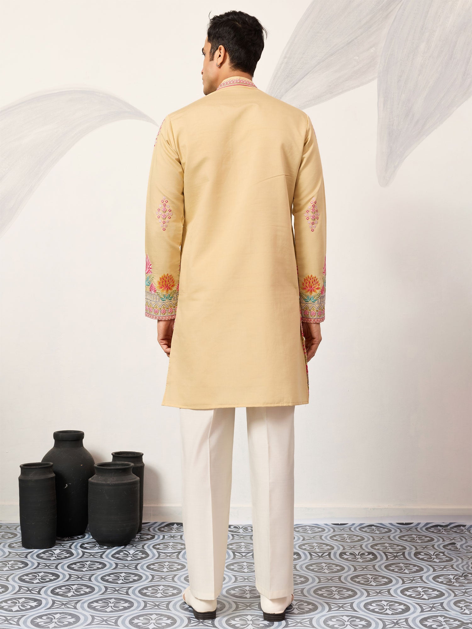 Cream Menswear Readymade Silk Kurta Set