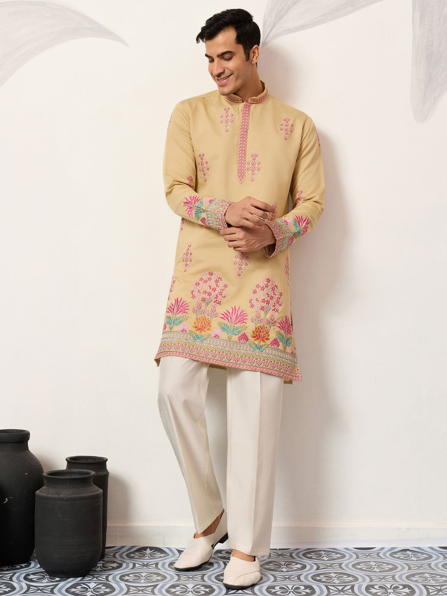 Cream Menswear Readymade Silk Kurta Set