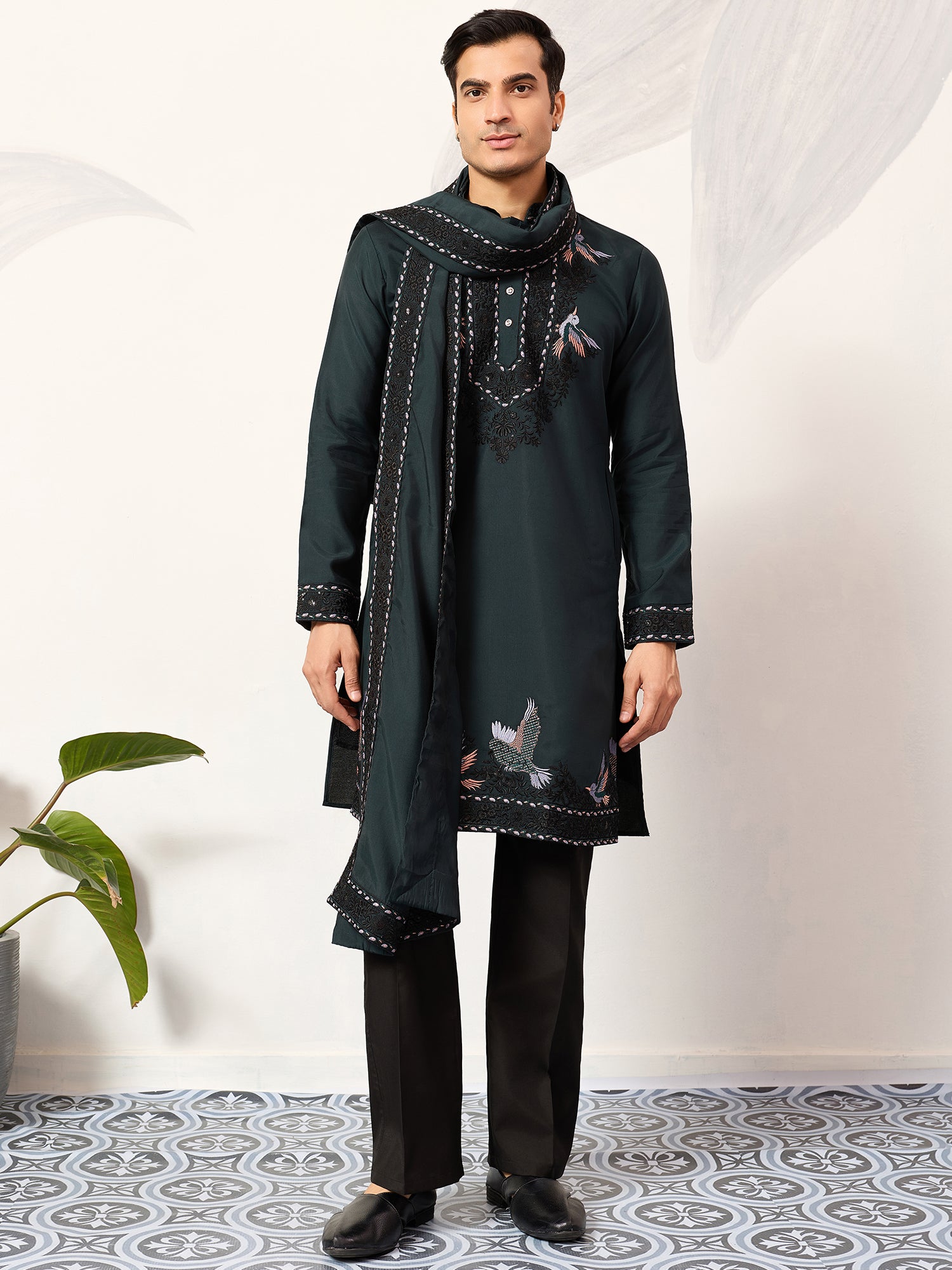 Green Men's Wear Festive Kurta Pyjama