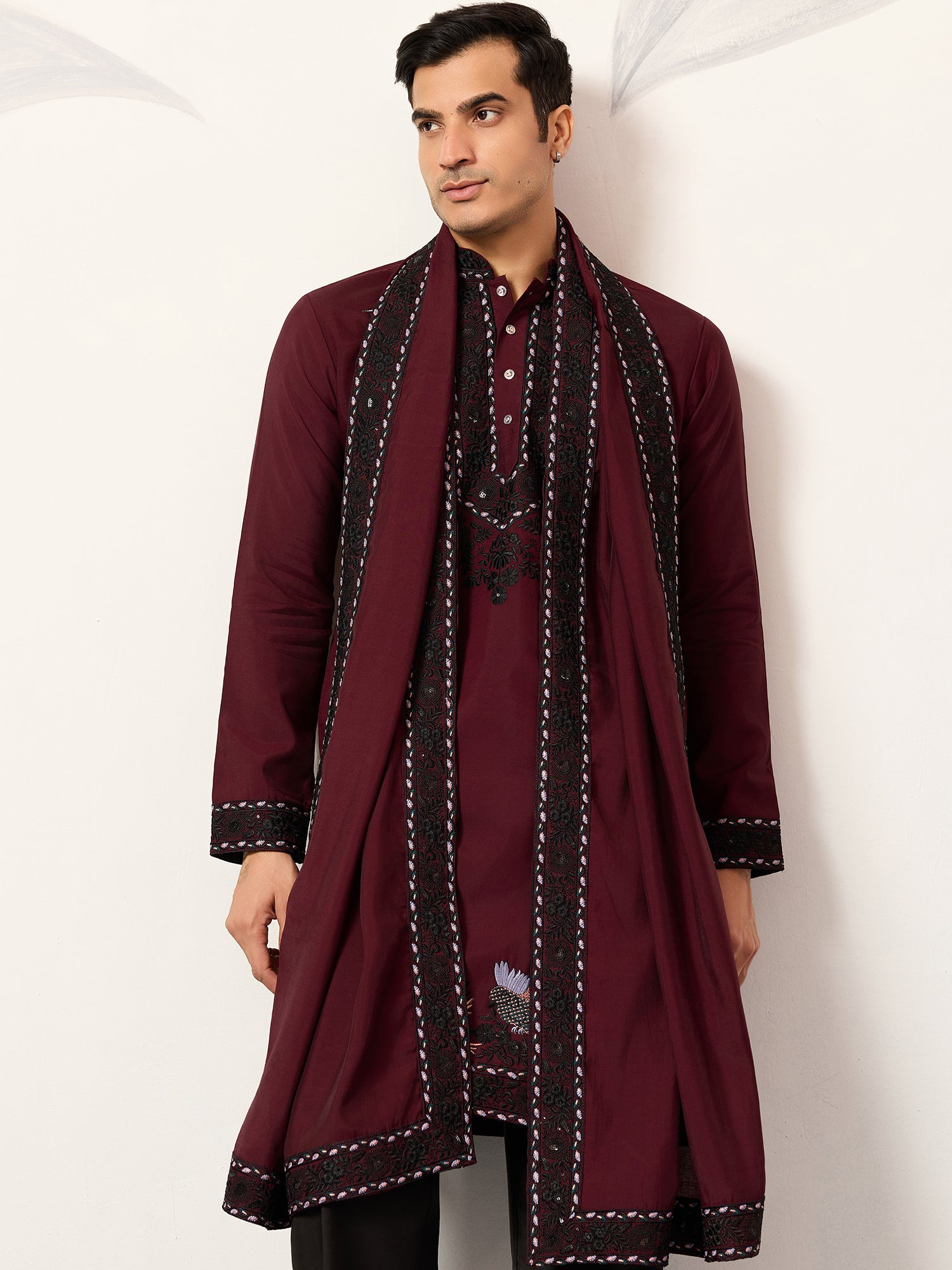 Maroon Men's Kurta Set With Dupatta In Silk