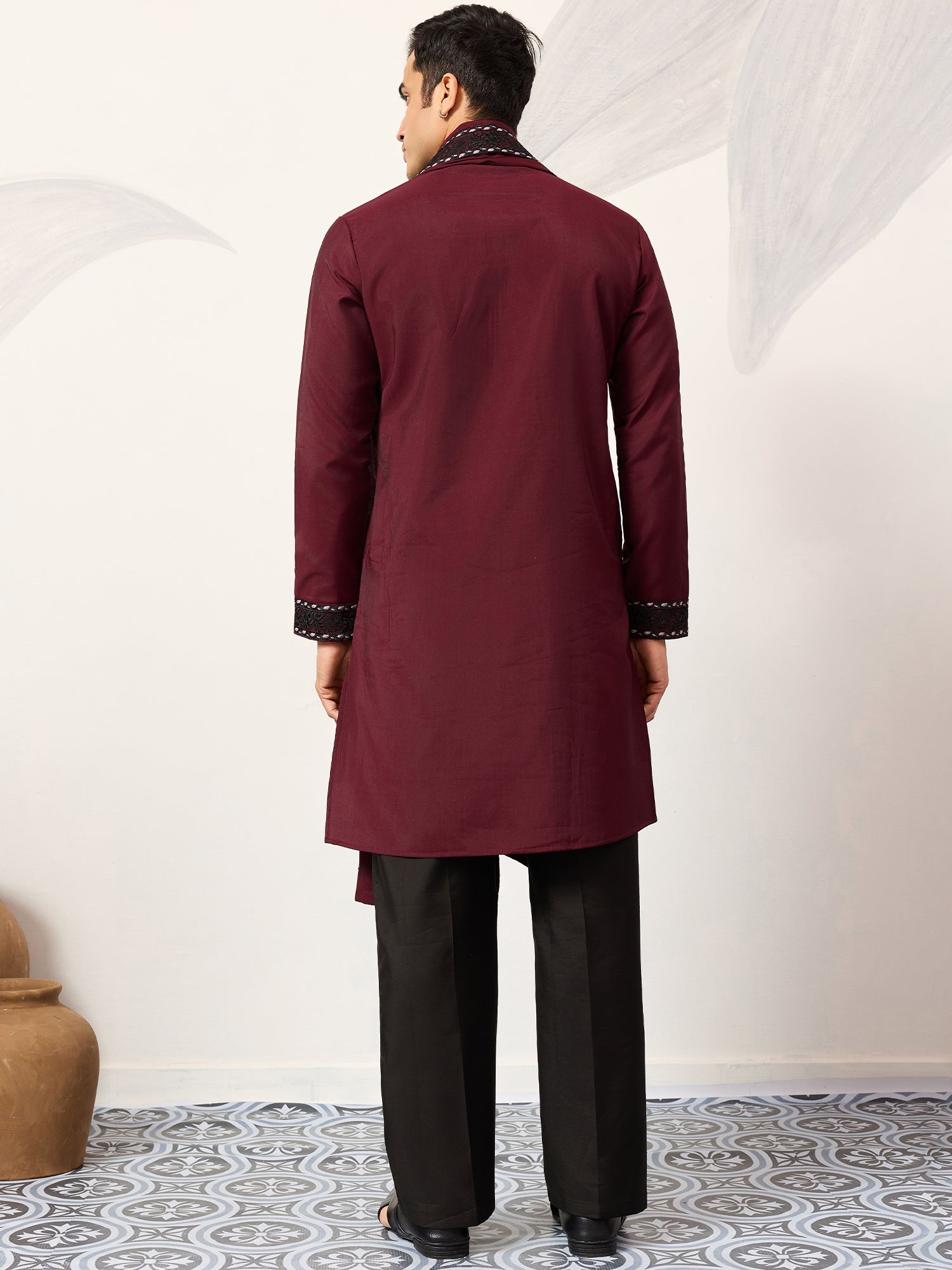 Maroon Men's Kurta Set With Dupatta In Silk