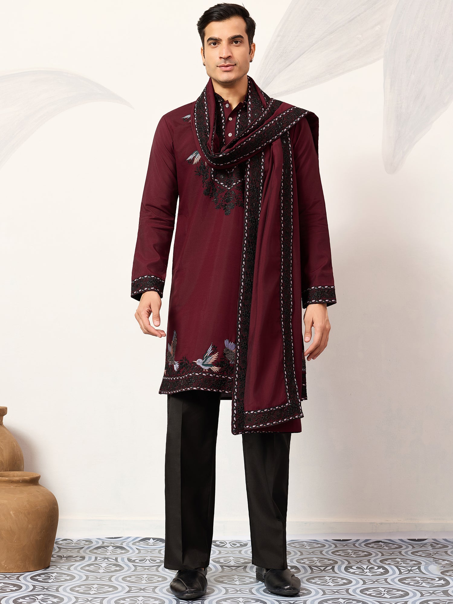Maroon Men's Kurta Set With Dupatta In Silk