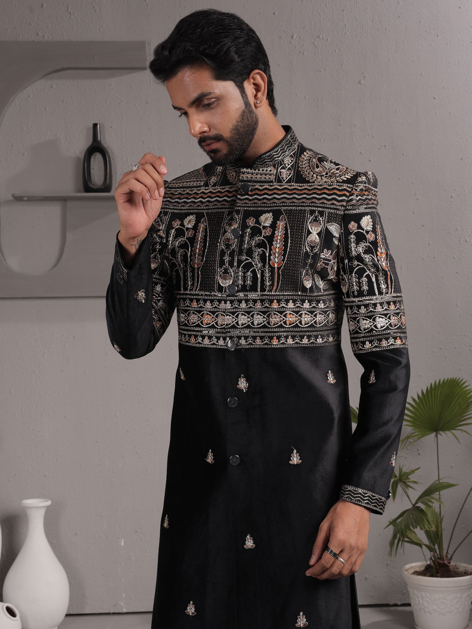 Black Sequin Work Enhanced Men's Indowestern