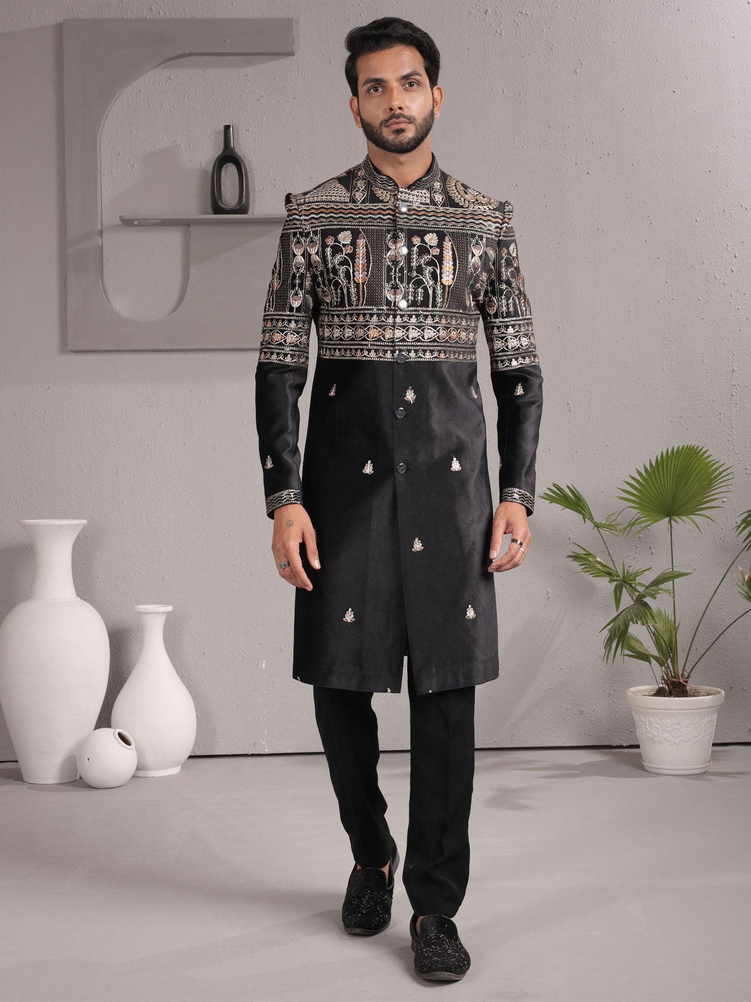Black Sequin Work Enhanced Men's Indowestern