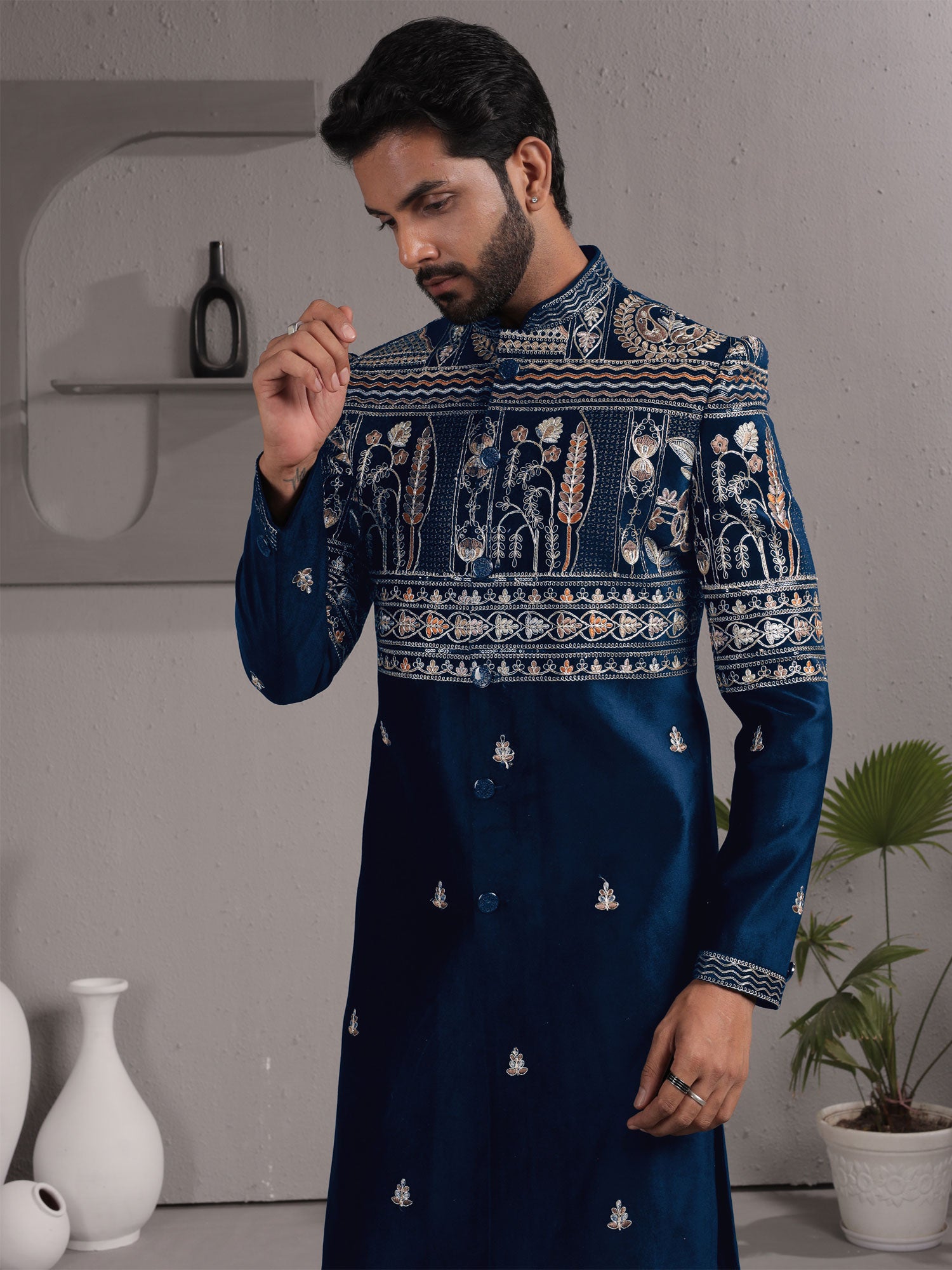 Blue Embroidered Velvet Indo Western For Mens