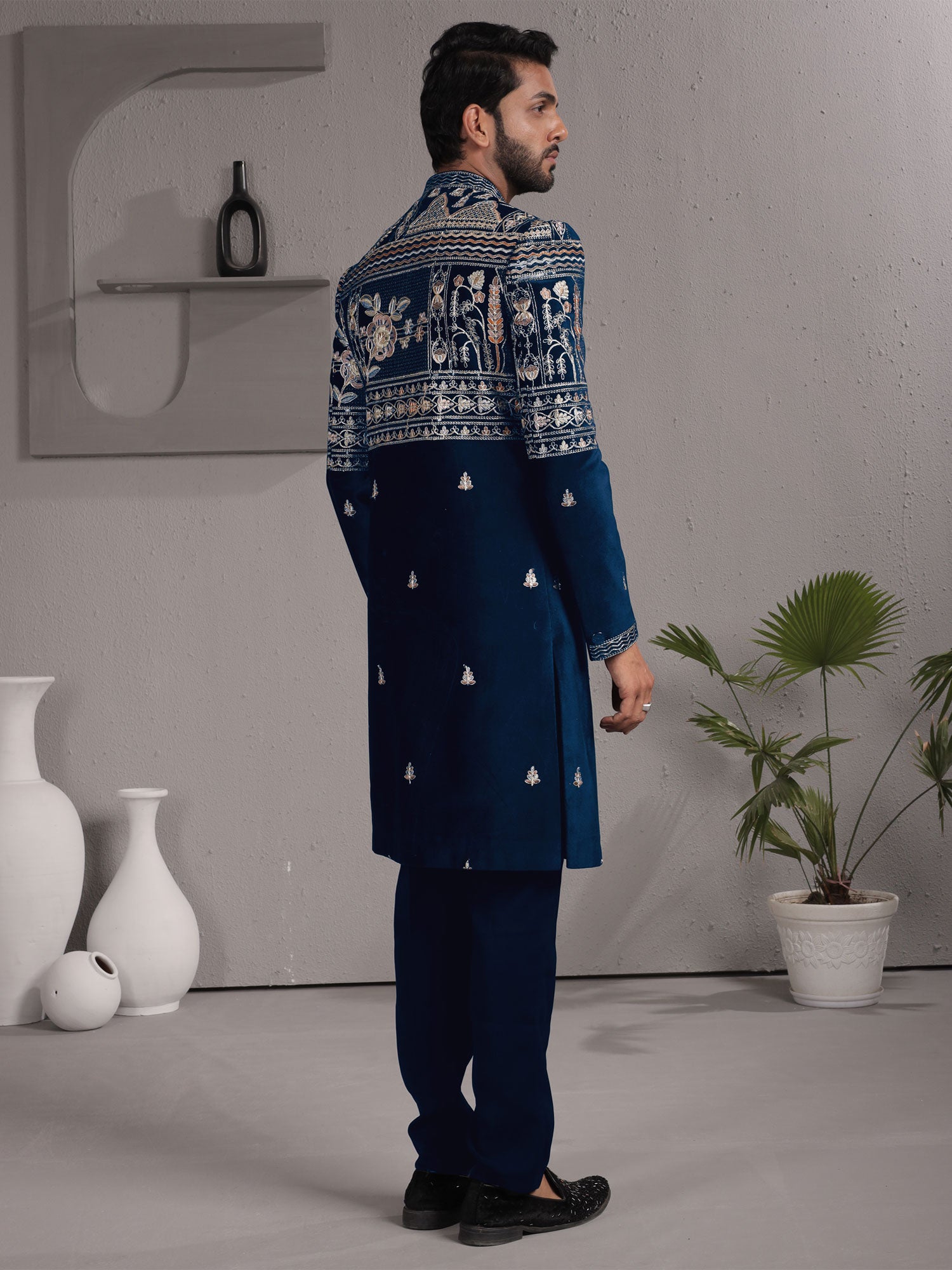 Blue Embroidered Velvet Indo Western For Mens