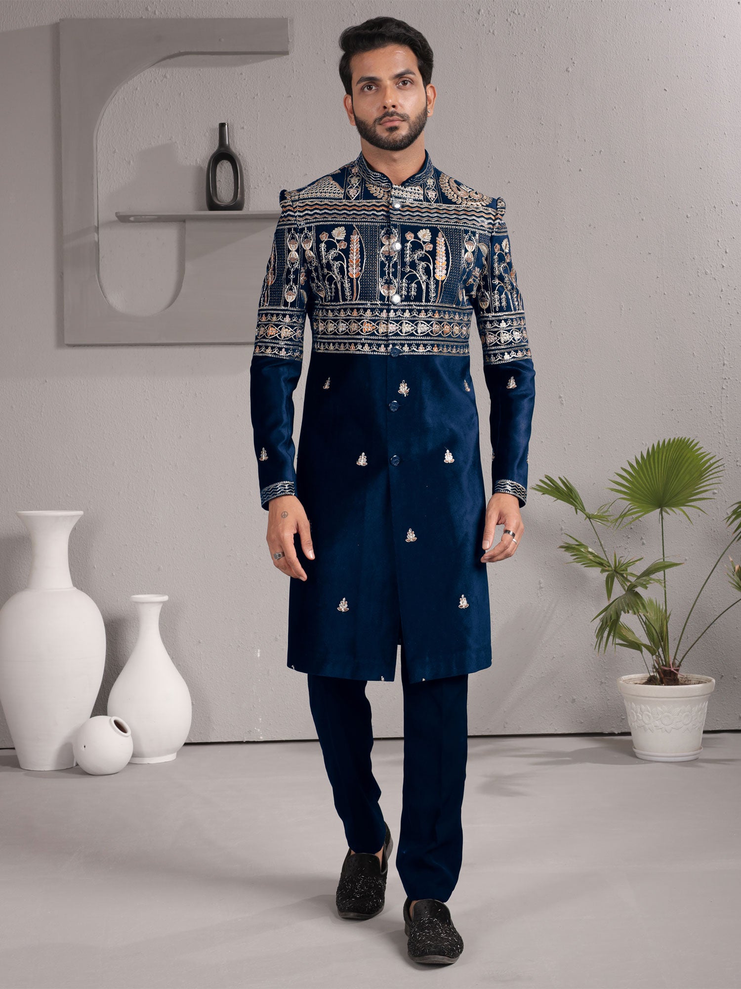 Blue Embroidered Velvet Indo Western For Mens