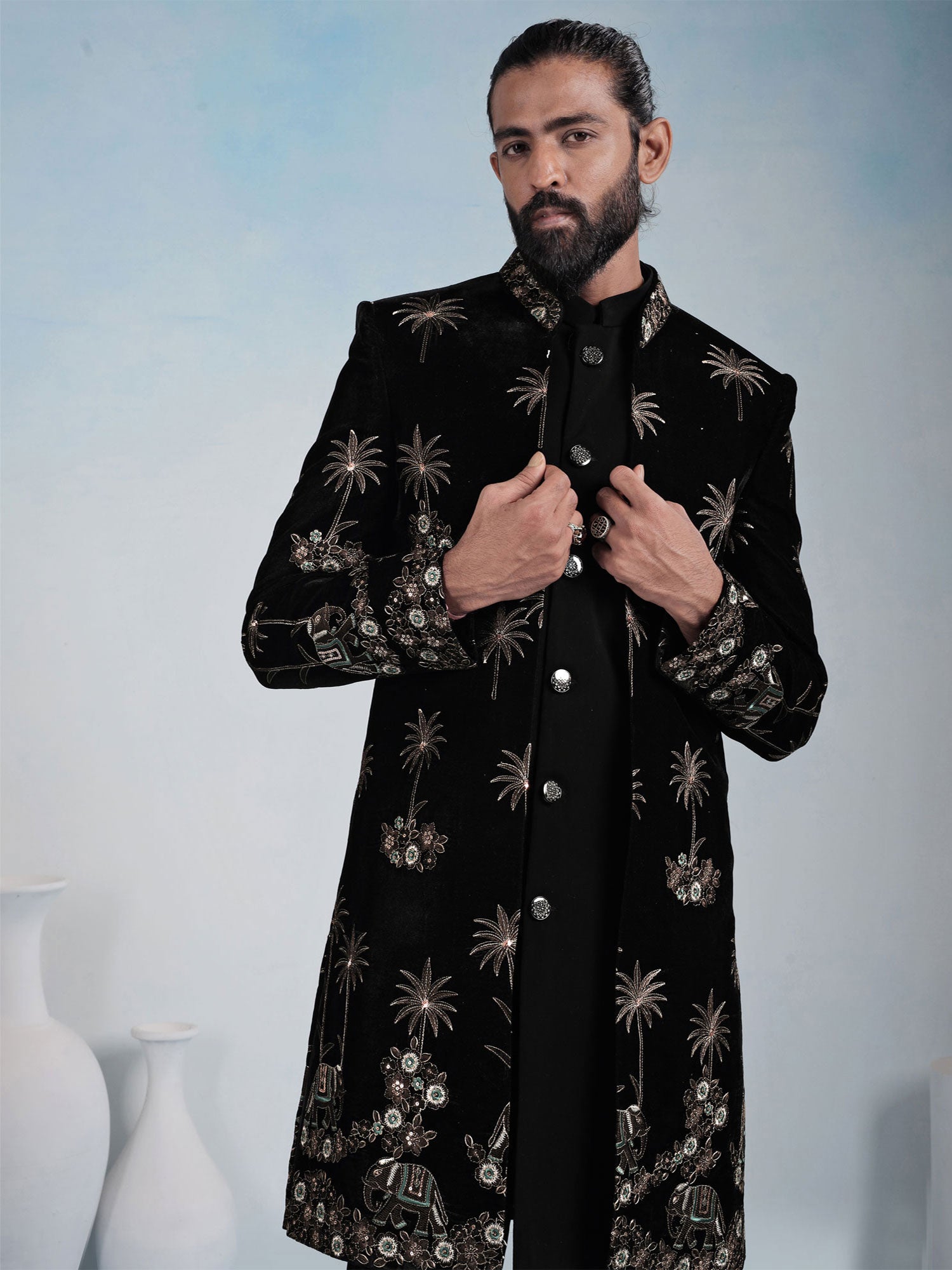 Black Embroidered Jacket Style Men's Indowestern