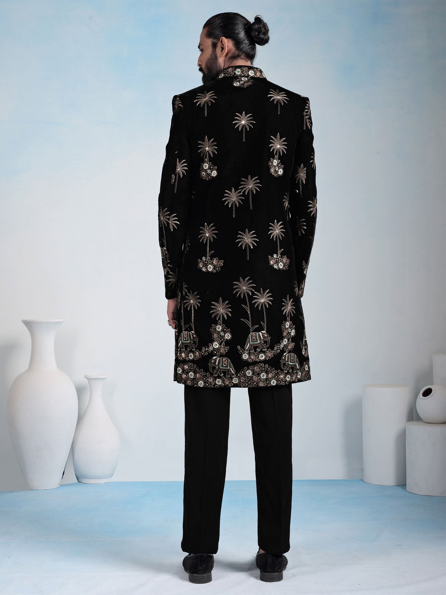 Black Embroidered Jacket Style Men's Indowestern