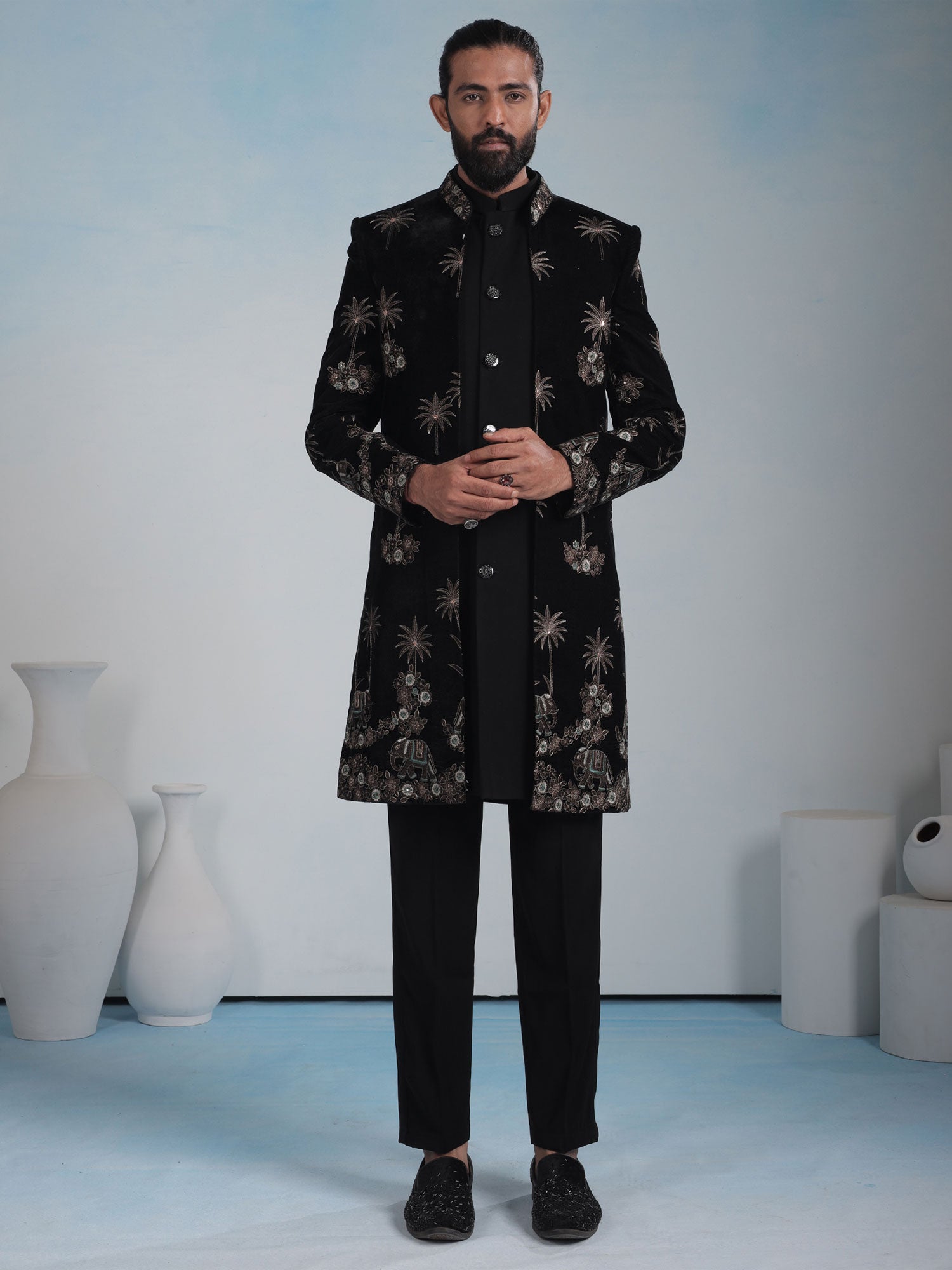 Black Embroidered Jacket Style Men's Indowestern
