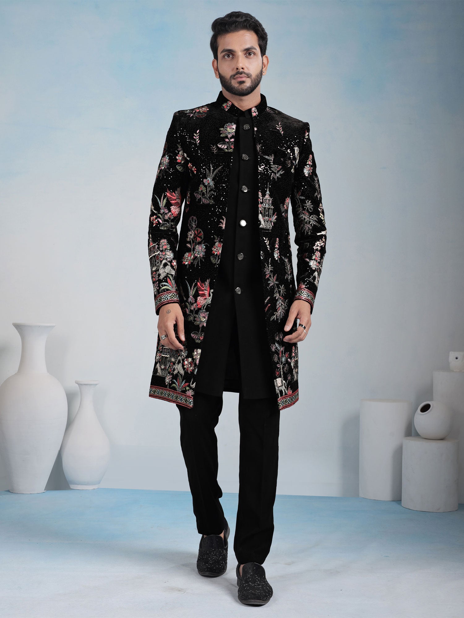 Black Floral Work Wedding Indowestern In Velvet