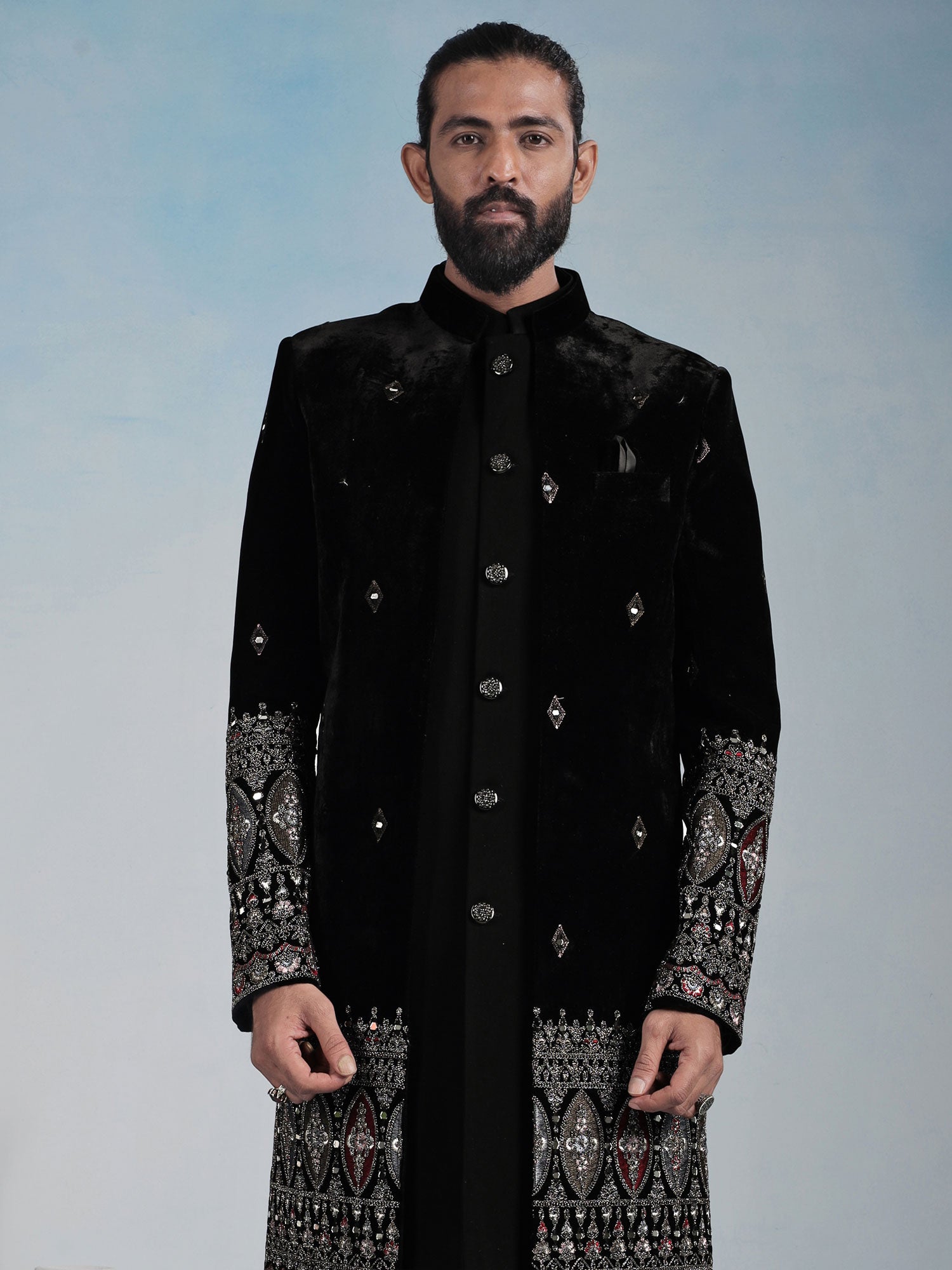 Black Velvet Indowestern With Open Jacket