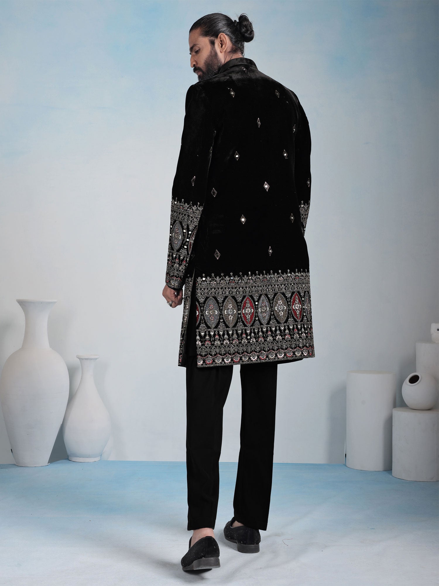 Black Velvet Indowestern With Open Jacket