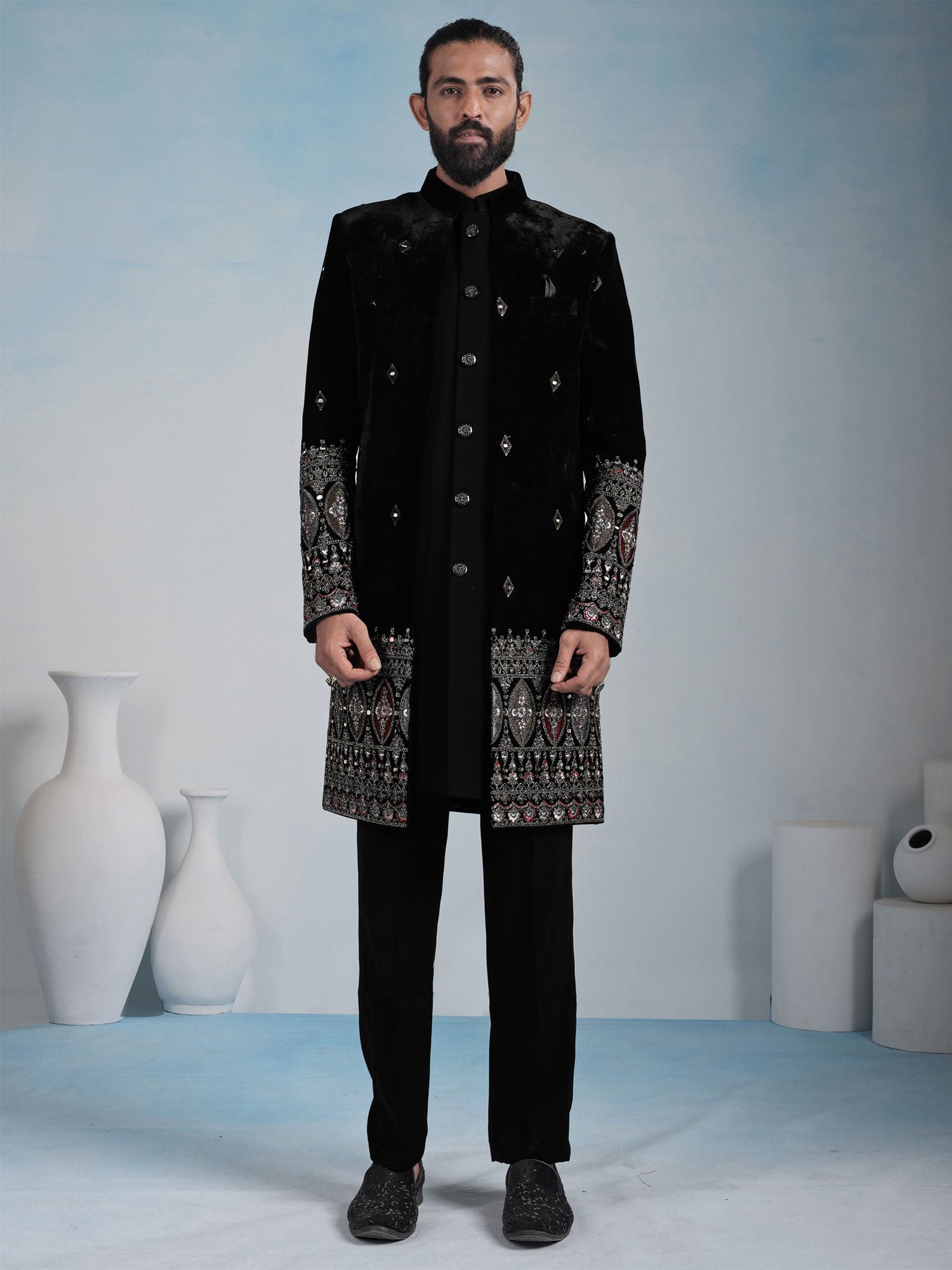 Black Velvet Indowestern With Open Jacket