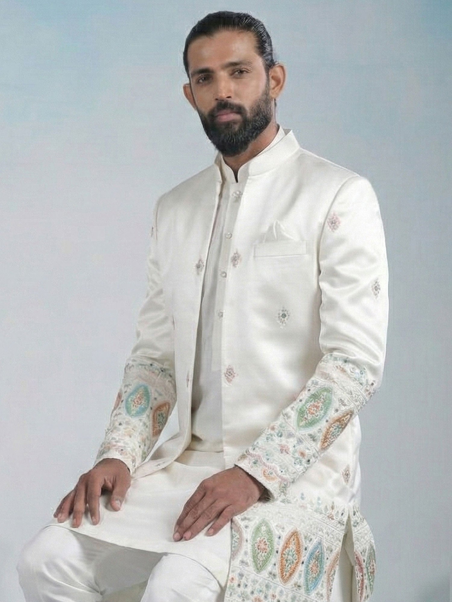 White Men's Indowestern With Embroidered Jacket
