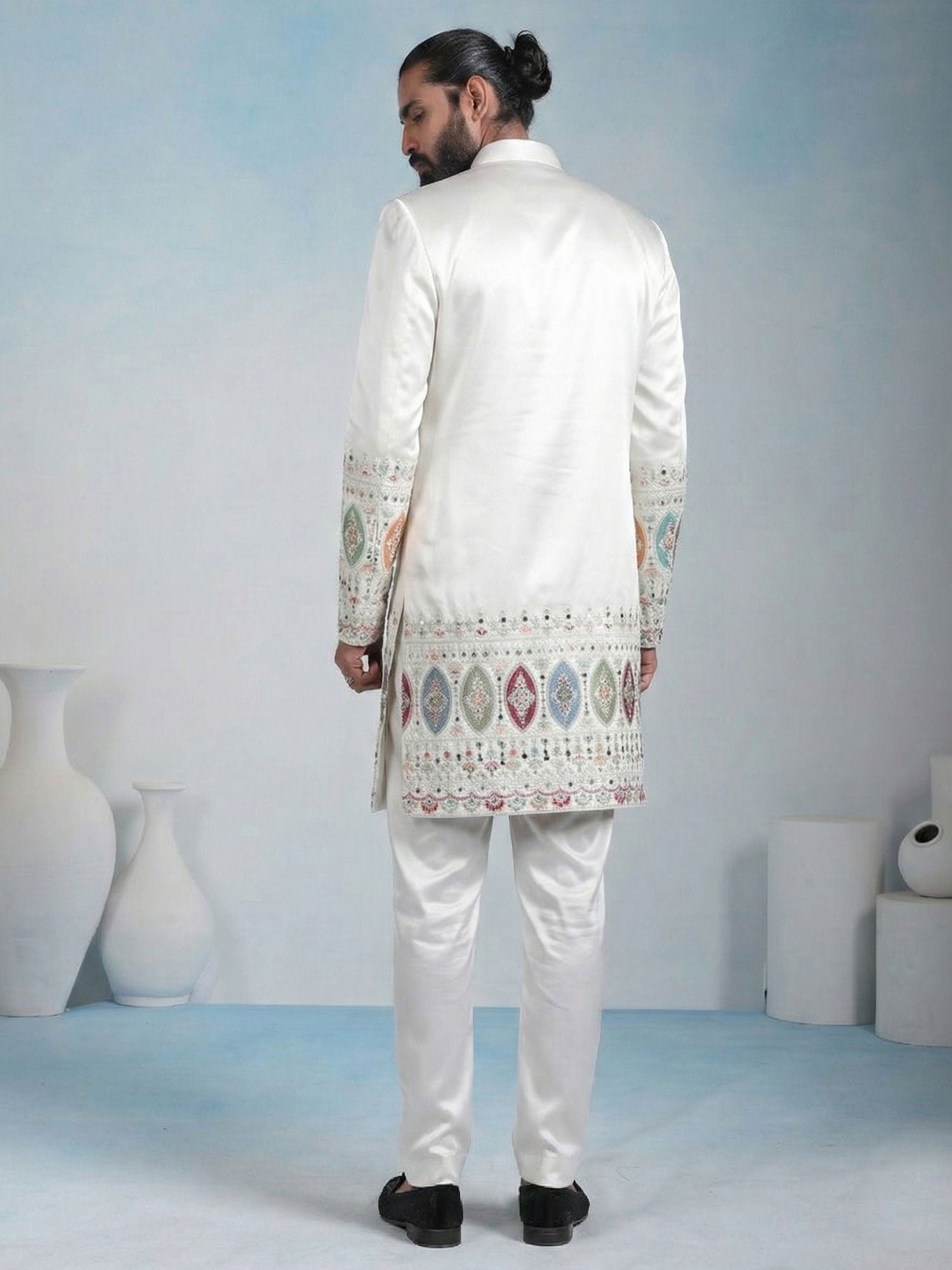 White Men's Indowestern With Embroidered Jacket