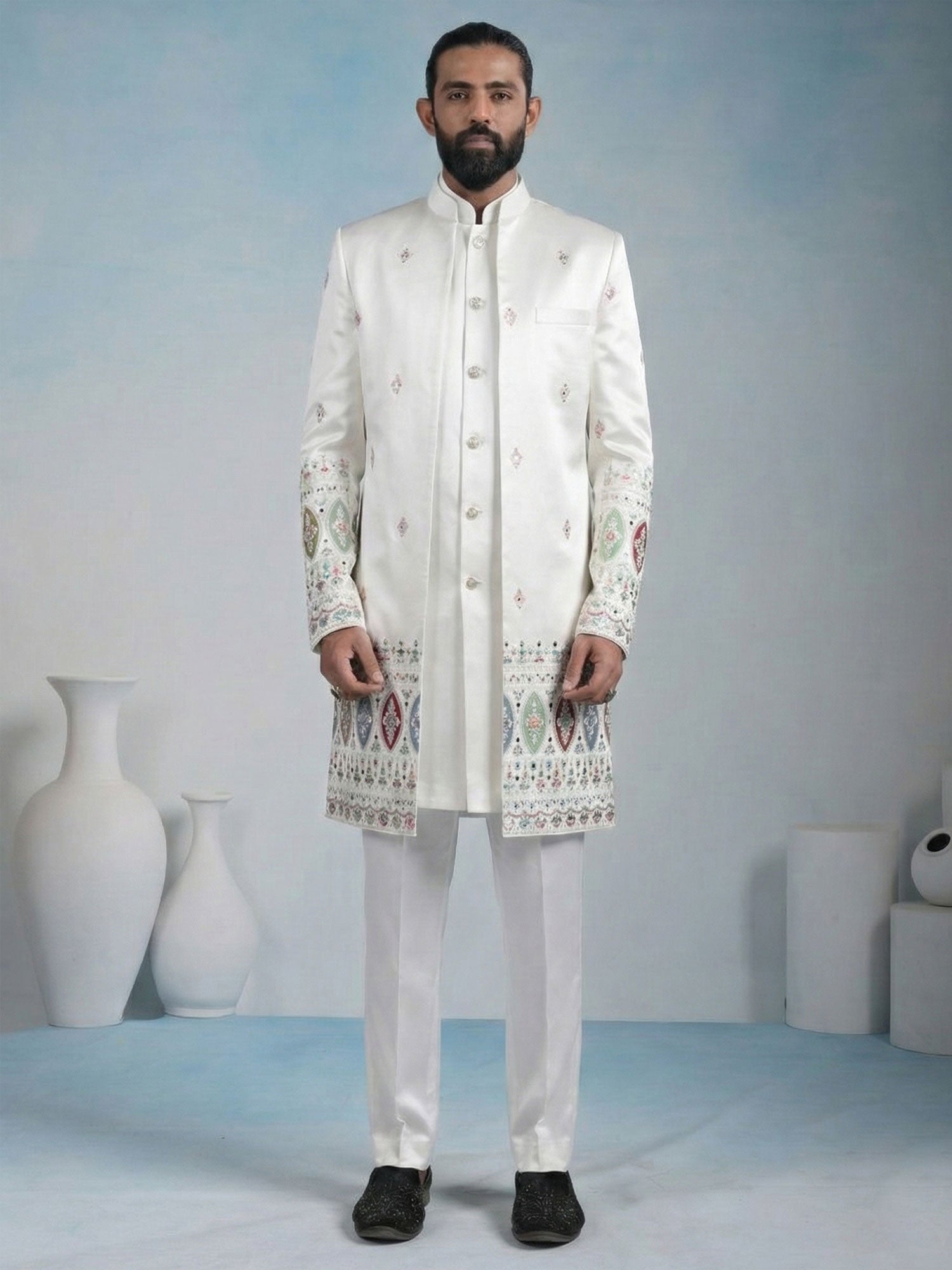 White Men's Indowestern With Embroidered Jacket